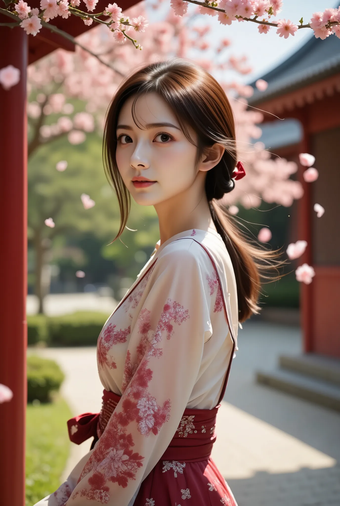 a photo of a serene japanese woman dressed in a delicate, floral-patterned traditional kimono standing outdoors near a red woode...