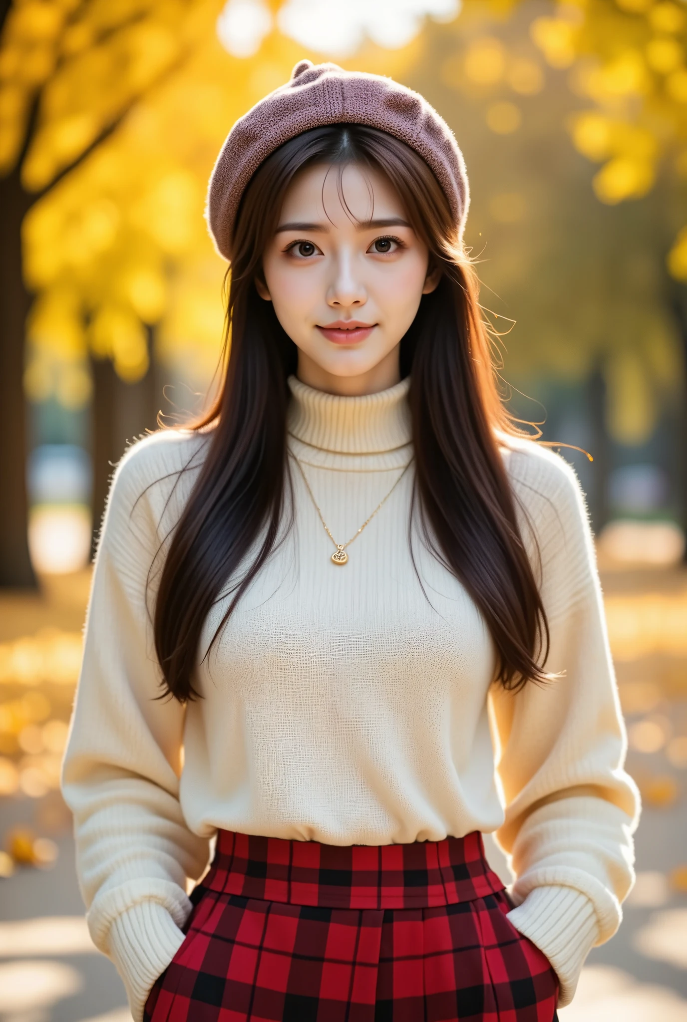 A realistic, vibrant outdoor photo of a young East Asian woman in autumn. She is dressed in a cozy cream turtleneck sweater and a stylish red plaid skirt, with a matching plaid beret on her head. The scene captures the warmth of the autumn sunlight as it highlights her soft smile and long, flowing hair. The golden leaves of the trees behind her create a beautiful seasonal backdrop, enhancing the peaceful and lively atmosphere of a crisp autumn day in the park. Her necklace with a small pendant adds a subtle touch of elegance to her casual yet chic look.