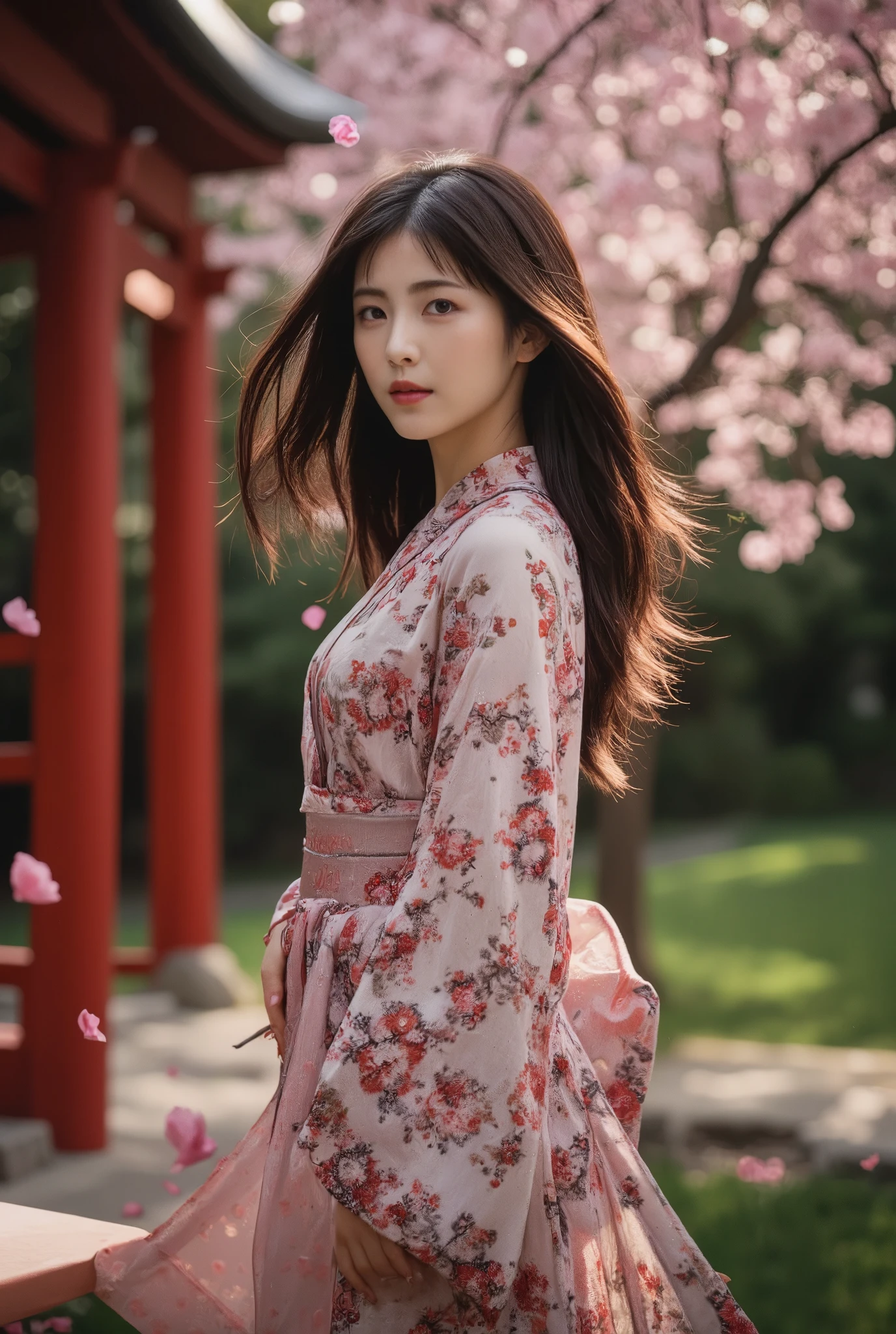 A photo of a serene Japanese woman dressed in a delicate, floral-patterned traditional kimono standing outdoors near a red wooden structure adorned with pink cherry blossoms. The wind gently blows through the scene, scattering numerous cherry blossom petals around her. The woman is smiling softly and gazing into the camera, with her elegant long hair flowing gracefully in the breeze. The kimono features dark red and white colors with soft floral designs, enhancing the peaceful and elegant atmosphere. She is positioned in a tranquil garden with lush greenery and subtle architectural elements in the background, contributing to the calming ambiance of the scene. The soft, natural light casts a warm and gentle glow, emphasizing the peaceful beauty of the moment, while the falling cherry blossom petals add a dreamlike, poetic touch to the scene. Style: cinematic color toned.