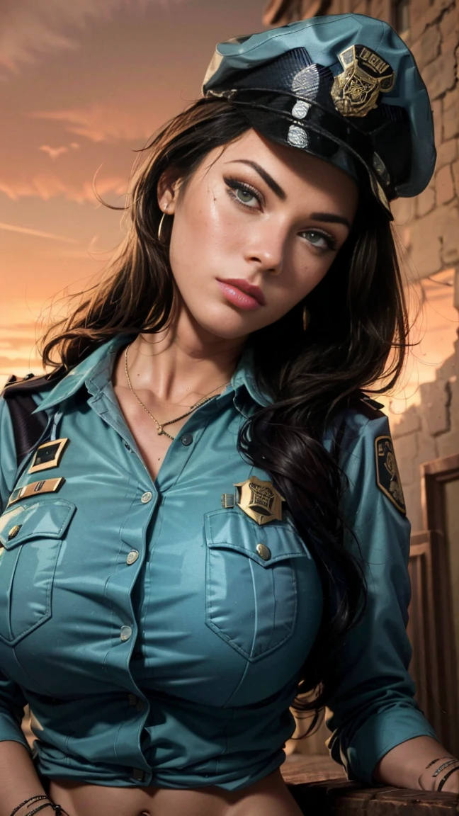 Megan Fox, simple background (in women's police uniform and police cap: 1.4), good hand, 4k, high resolution, masterpiece, best quality, head: 1.3, ((Hasselblad photo)), finely detailed skin, clear focus, (cinematic lighting), soft lighting, dynamic angle, [:(detailed face: 1.2):0.2], belly gaze, huge breasts, breasts, (((inside the mansion))), 1girl, jewelry, earrings, orange_sky, solo, mole, long_curly_hair, mole_under_eye, upper_body, green_eyes, looking_at_viewer, black hair, fashion (head tilt: 1.4), plain background, red background,