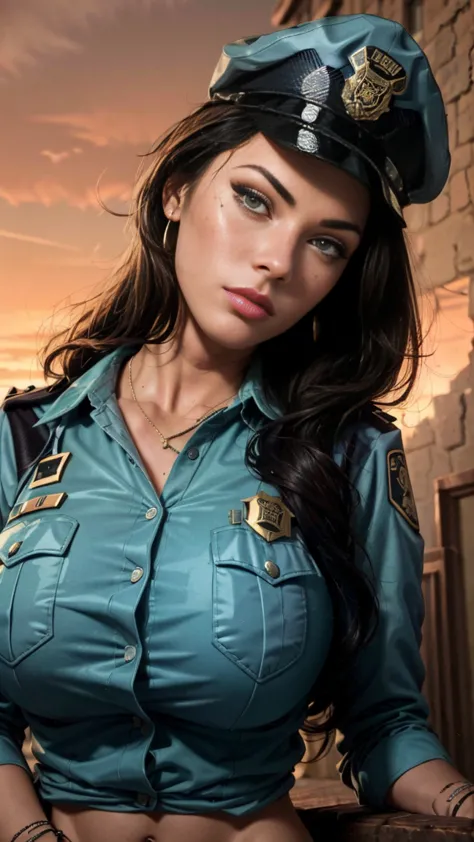 megan fox, simple background (in women's police uniform and police cap: 1.4), good hand, 4k, high resolution, masterpiece, best ...