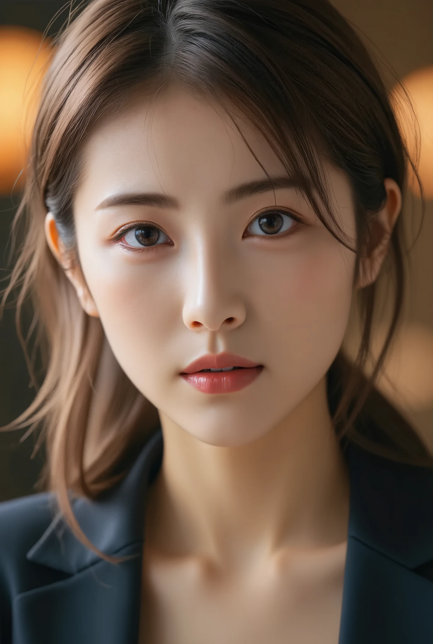 on the table, best quality, actual, super detailed, finely, high resolution, 8k wallpaper, 1 beautiful woman,, light brown messy hair, wearing a suit, sharp focus, Perfect dynamic composition, finelyて美しい目, thinning hair, Detailed and actual skin texture, Smile, closeup portrait, model figure