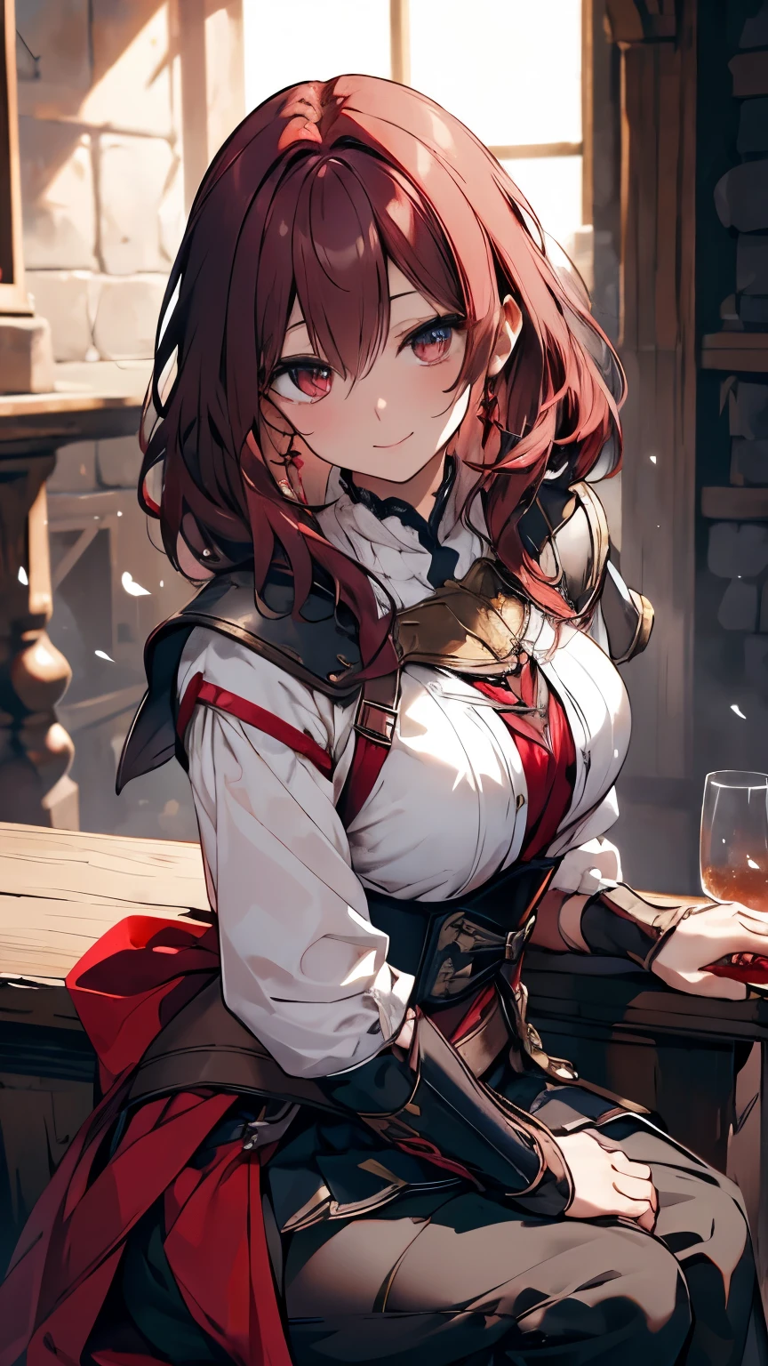 Masterpiece,1 girl, sparrow, dark red haired girl, Wear medieval clothing, Medium curly hair, messy hair, black skirt, Slim shape, Medium bust, She closed her left eye., shirt accessories, smilingly, seductive expression, beautiful breasts, rounded chest, Crimson eyes, set, short skirt, Sitting in a medieval tavern, Ahoge, seductive smile, breast armor, 