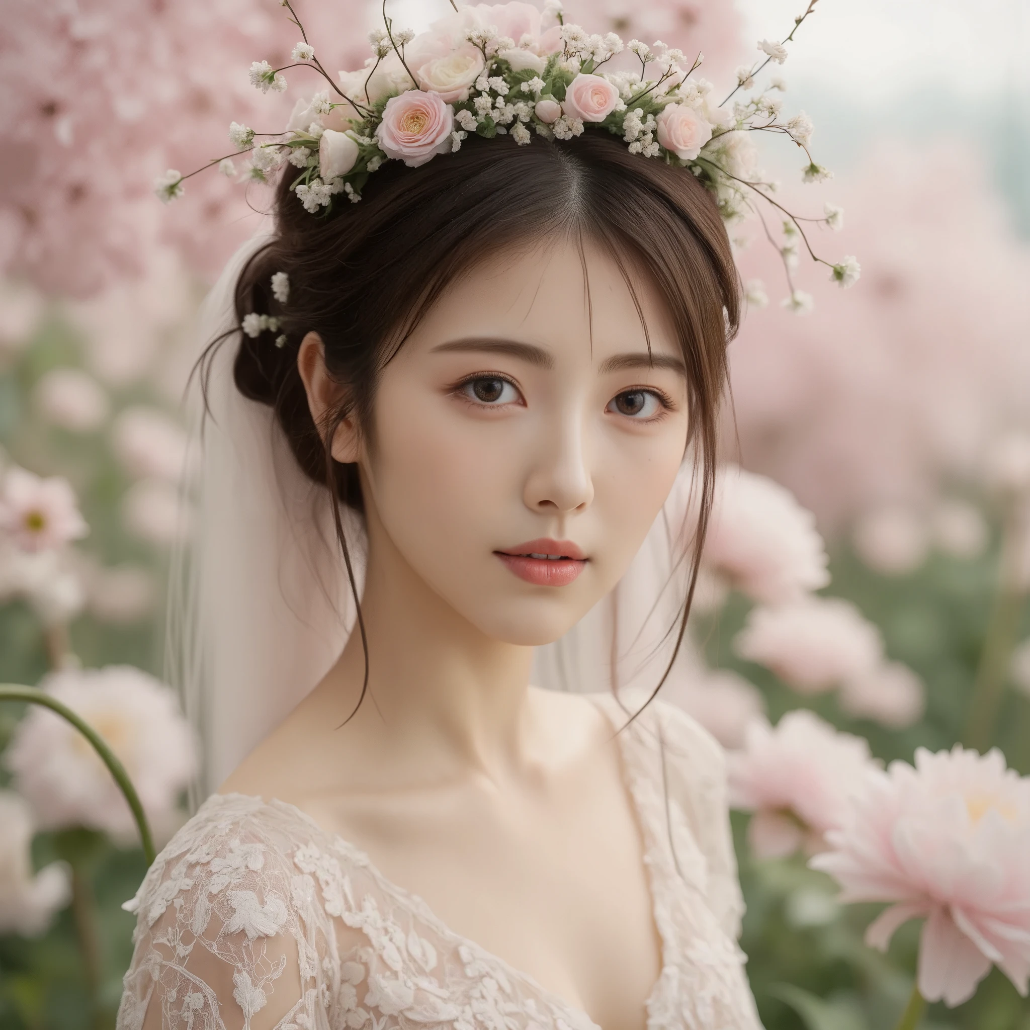 A photorealistic, soft-focus portrait of a young woman wearing a delicate floral crown, in an ethereal and whimsical style. The scene captures her surrounded by soft, blooming flowers with an intricate lace gown that adds to the fantasy-like, romantic atmosphere. The lighting is gentle and diffuse, highlighting her serene expression as she gazes dreamily at the viewer. Her face is adorned with small flowers, blending seamlessly with the natural elements around her. The style emphasizes a soft, pastel color palette, giving the entire composition a light, airy, and dreamy feel, reminiscent of fairytale photography or romantic fine art portraiture.