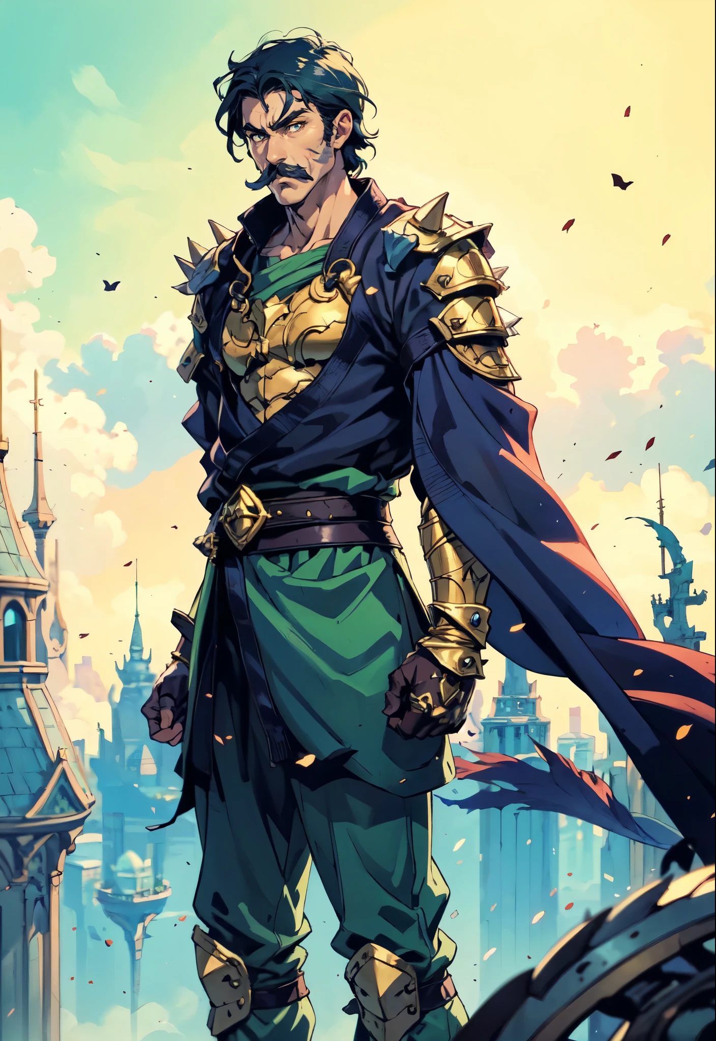 (masterpiece:1.2, best quality:1.2, extremely delicate:1.2), ((male:1.5)), a middle-aged man with spiky blue short hair, mustaches on his upper lip, a dignified long face, wise eyes, a fantasy martial arts-style green half-draped long robe, blue and white armor underneath, a large belt with a dragon-head emblem, his hands are wrapped in bandages, cloth pants, metal knee guards, tall boots, standing on the city wall gazing into the distance, this character embodies a finely crafted fantasy martial arts style general in anime style, exquisite and mature manga art style, dramatic, high definition, highres, ultra-detailed, ultra-fine painting, professional, perfect body proportions, golden ratio, anatomically correct, symmetrical face, extremely detailed eyes and face, high quality eyes, creativity, RAW photo, UHD, 32k, Natural light, cinematic lighting, (masterpiece-anatomy-perfect:1.2)