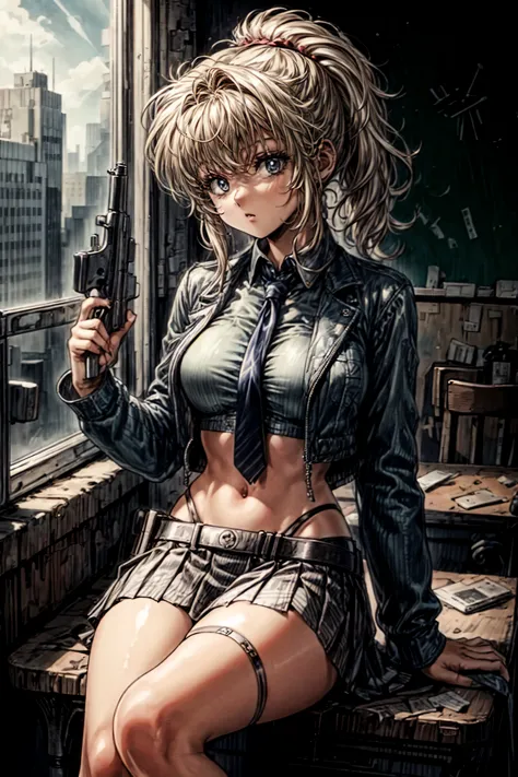 girl holding a gun, wearing school uniform, mini skirt, sitting at a table, blonde, fringe, ponytail, classroom with old walls a...