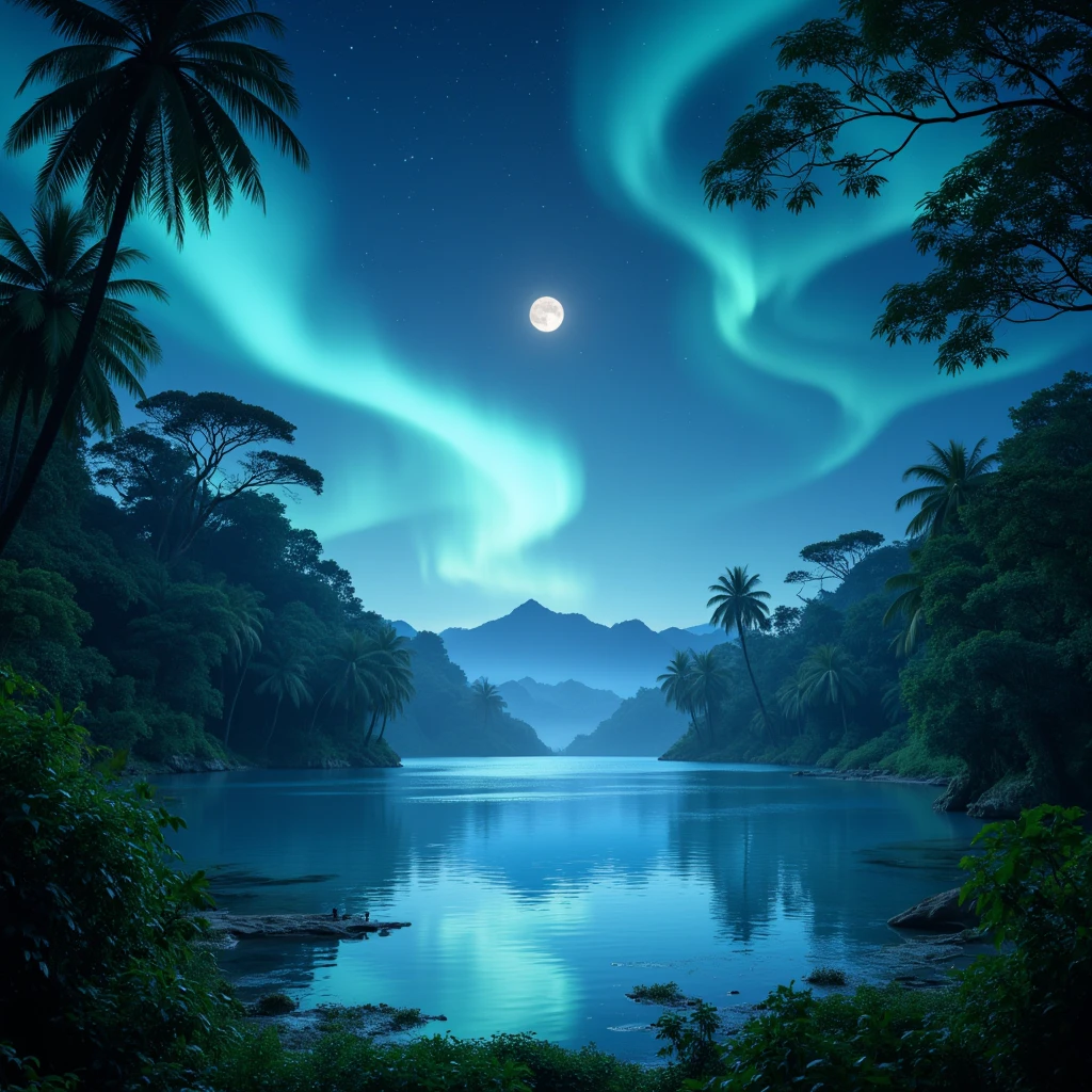 landscape of a heavily forested tropical environment around a tranquil lake with azure shallow waters, moonlit, the sky dominated by stars and auroras.

full body, Professional, perfect composition, ultra-detailed, intricate details