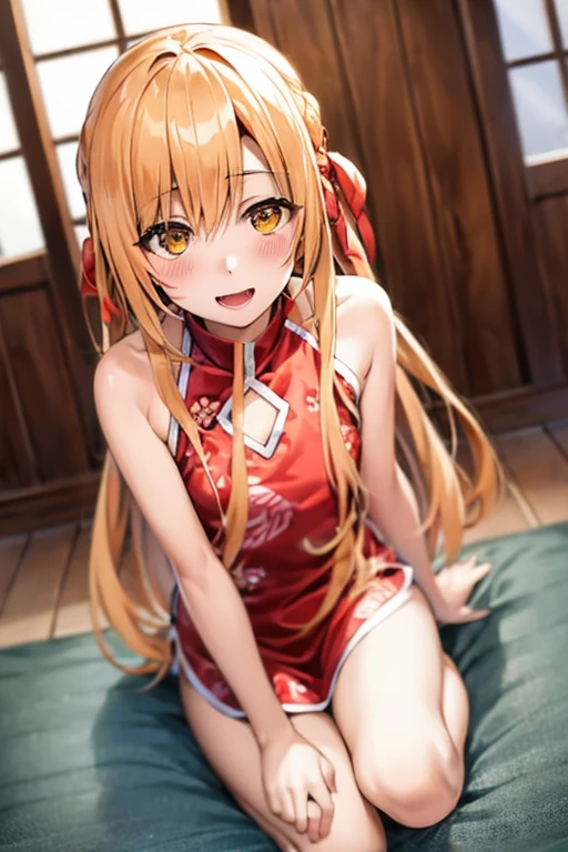 ((Best Quality)), ((masterpiece)), (be familiar with), Perfect Face, indoor, bedroom, Watching the audience,
One woman, Yuuki Asuna,
Open Mouth, Ecstatic expression, blush, smile,
Small breasts, Flat Chest, , , child, Girl,
Long Hair, Long Hair,
Leg spread,