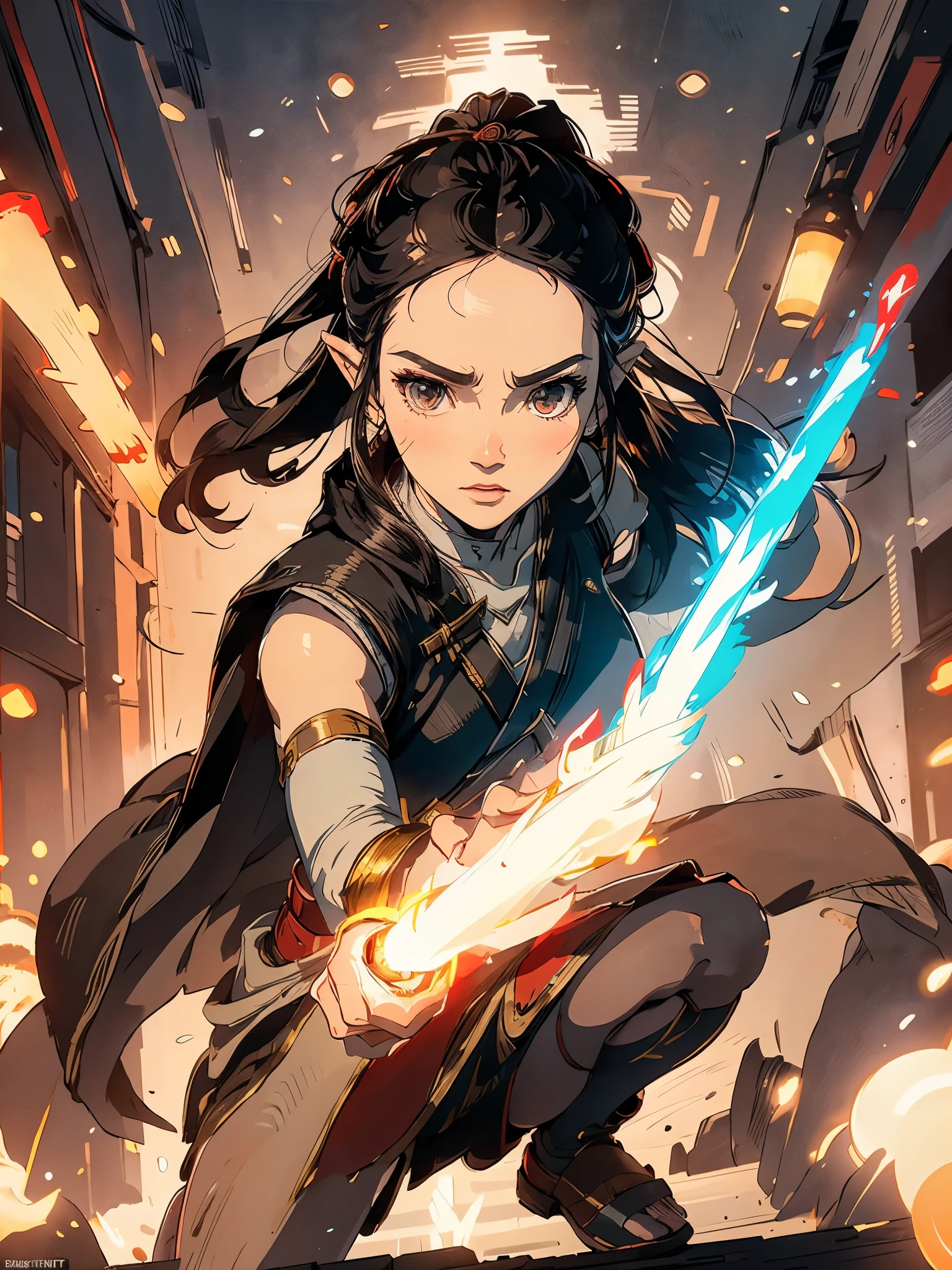 A full-body shot of Princess Zelda, black hair, red eyes, dressed as Rey Skywalker, 30 years old, mature, XL bust, gripping a one red light saber in only one hand, wearing a black cloak with red details, fighting, in a battle stance, Background: Inside the death star space station, Unreal Engine 5, Anime, Anime style, Masterpiece, Well drawn eyes, well drawn face, well detailed eyes, well detailed face, 8k, light and shadow effect.
