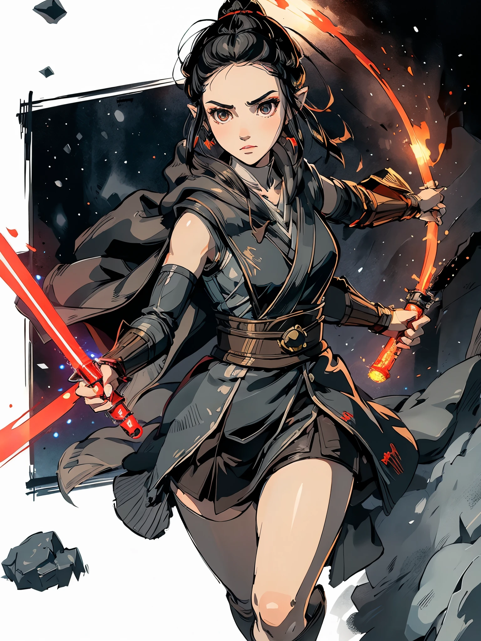 A full-body shot of Princess Zelda, black hair, red eyes, dressed as Rey Skywalker, 30 years old, mature, XL bust, gripping a one red light saber in only one hand, wearing a black cloak with red details, fighting, in a battle stance, Background: Inside the death star space station, Unreal Engine 5, Anime, Anime style, Masterpiece, Well drawn eyes, well drawn face, well detailed eyes, well detailed face, 8k, light and shadow effect.
