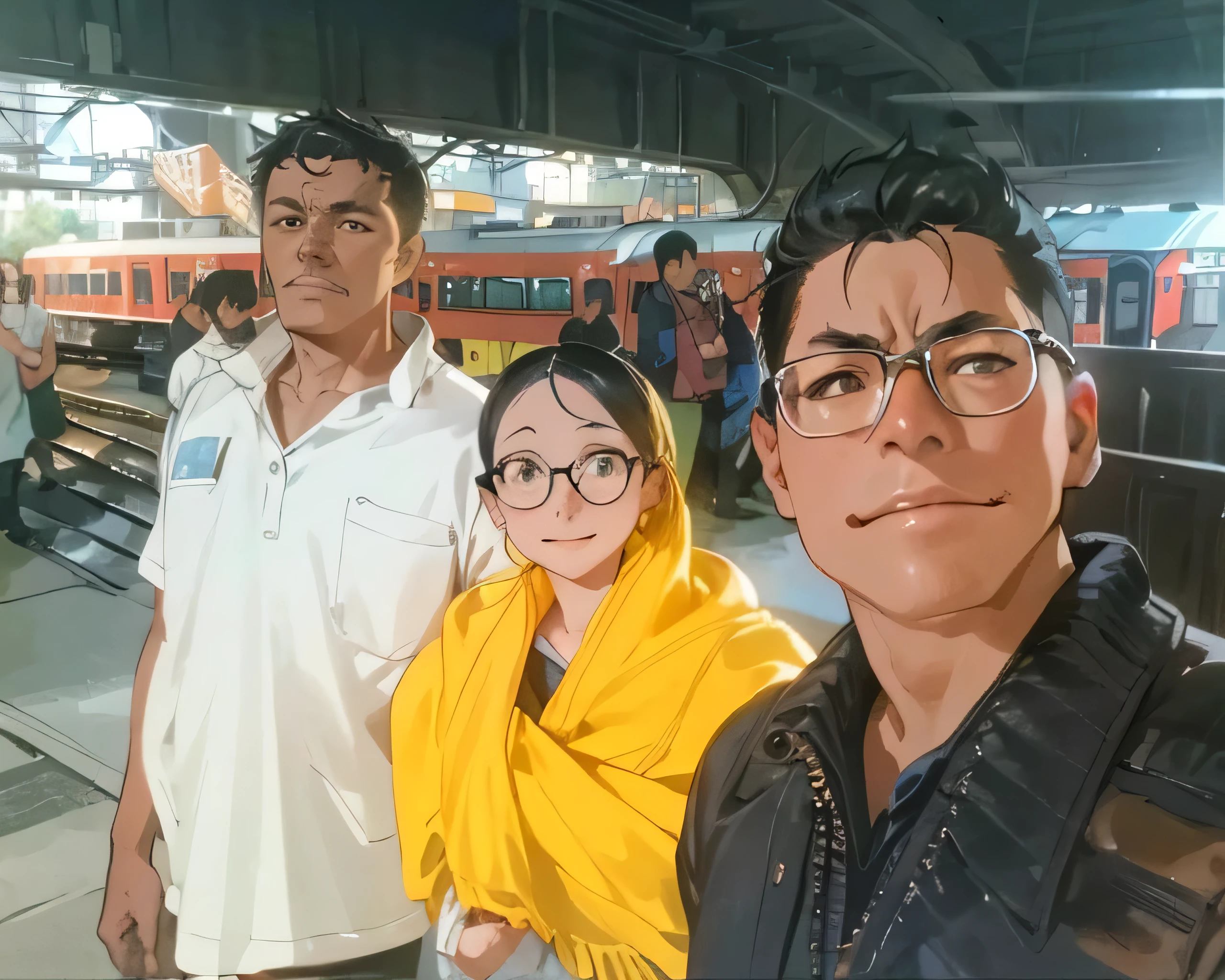 there are three people standing in a train station with a train in the background, with many travelers, very clear picture,  post, very very low quality picture, candid picture, husband wife and son, viral post, profile pic, at night time, vacation photo, happy family, photo taken in 2 0 2 0, real picture, profile pictureHD, (Best Detail), (Best Quality), Grimjo Jaegyaks, black boots, natural light, blue sky, angry eyes, smile, looking at the audience, full body,