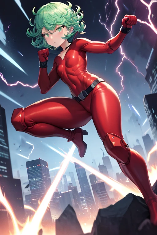 Masterpiece, best quality, ultra detailed, illustration, lighting epic, cinematic composition, 1 girl, Tatsumaki, short hair, green hair, very small breasts, green eyes, bright eyes, pouting, blushing, closed mouth, piercing gaze, full body, black collar, tall, very large, red armor, 2 large tubes, transparent electricity tubes on his chest, large red gloves, red wristbands, red suit, fist emblem with lightning bolts on his chest, fist, red pants, black knee pads, metallic red boots, superhero belt, lightning bolts in the air, hitting the highway, superhero pose, lightning bolts come out, night city background, anime