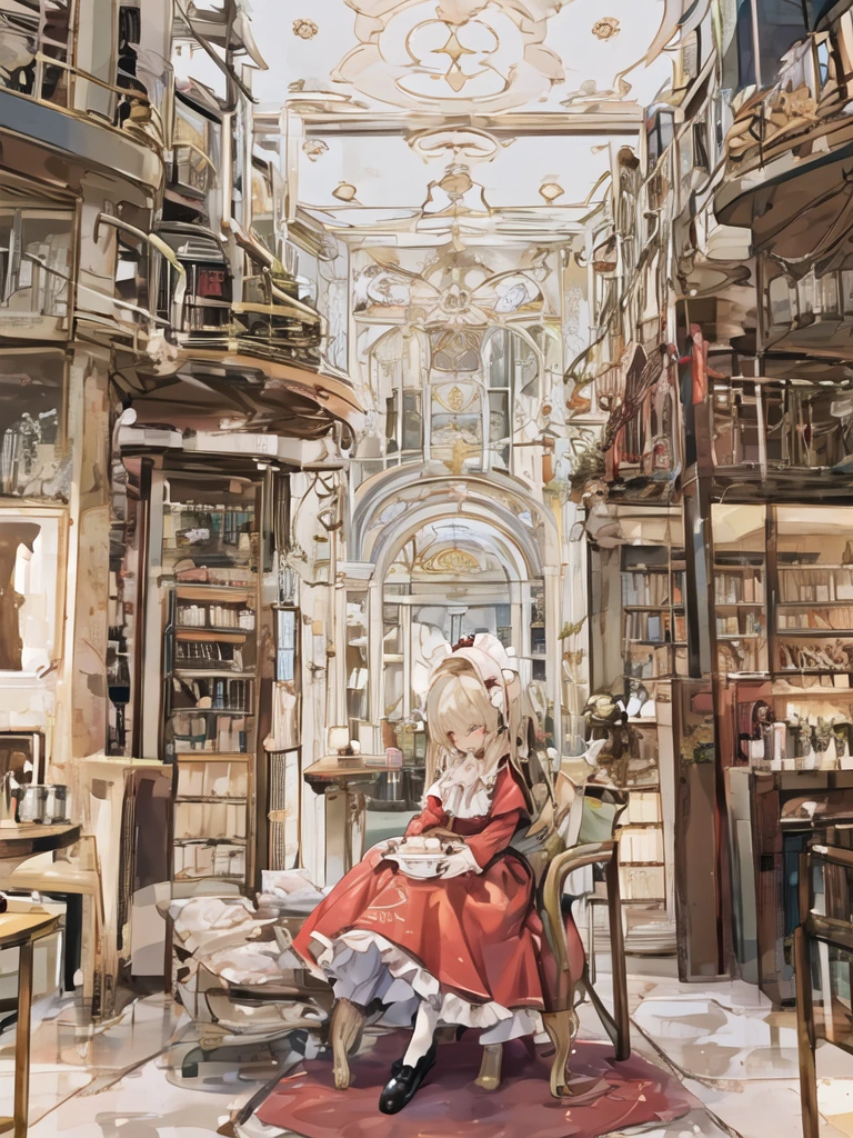 masterpiece, Please redeem, Very detailed, 16k, Ultra-high resolution, Cowboy Shot, One Girl, Detailed face, Perfect fingers, Golden Eyes, blonde,  Original Costume, Twin tails, bonnet、Red dress、White Pantyhose Cup、black shoes, Western-style building, Library ai, Sit in a luxurious chair, Drinking tea