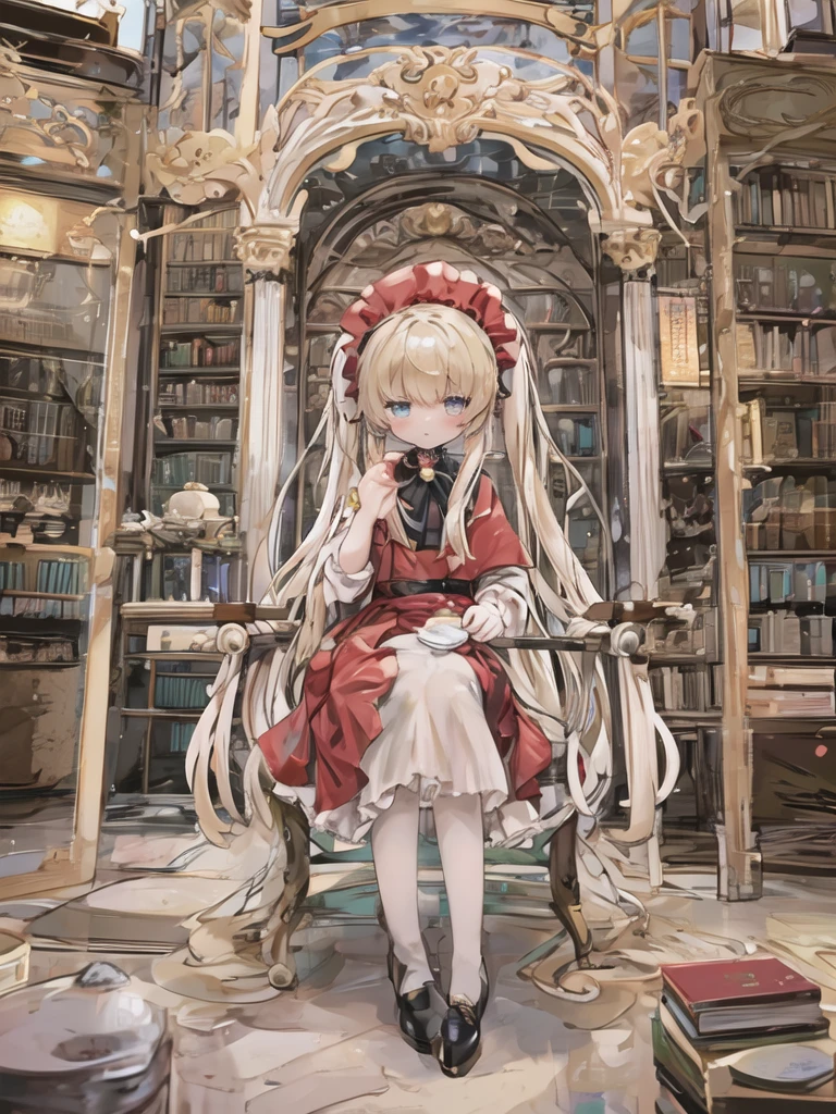 masterpiece, Please redeem, Very detailed, 16k, Ultra-high resolution, Cowboy Shot, One Girl, Detailed face, Perfect fingers, Golden Eyes, blonde,  Original Costume, Twin tails, bonnet、Red dress、White Pantyhose Cup、black shoes, Western-style building, Library ai, Sit in a luxurious chair, Drinking tea