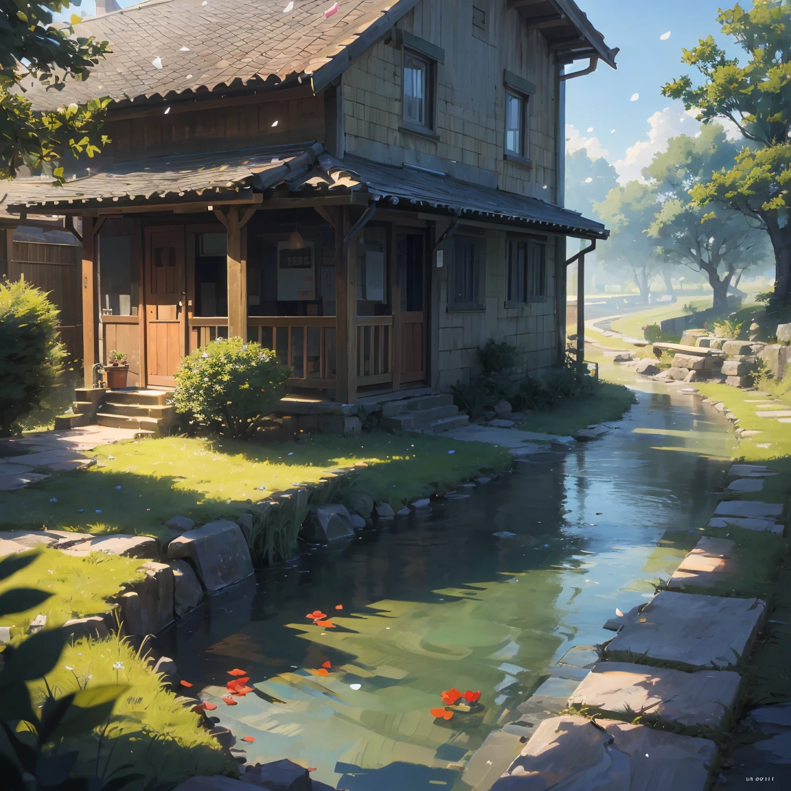 Miniature, Digital Art, Cinematic composition, A peaceful little village under the glove, A small house surrounded by greenery, sun rays, Small stone path, Petals flowing in a small river, Small stone bridge, Green