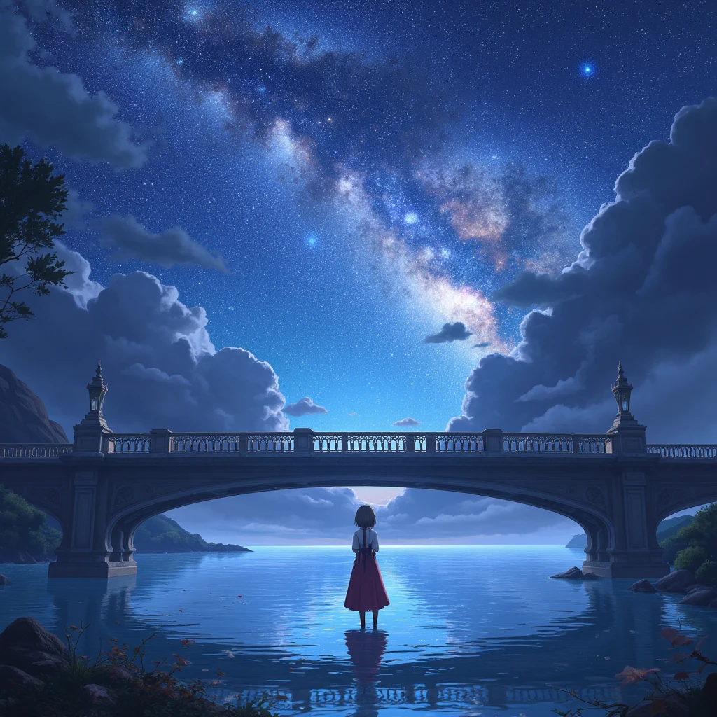 bridge, galaxy in sky, anime, beautiful landscape, sunset, ethereal.

full body, Professional, perfect composition, ultra-detailed, intricate details