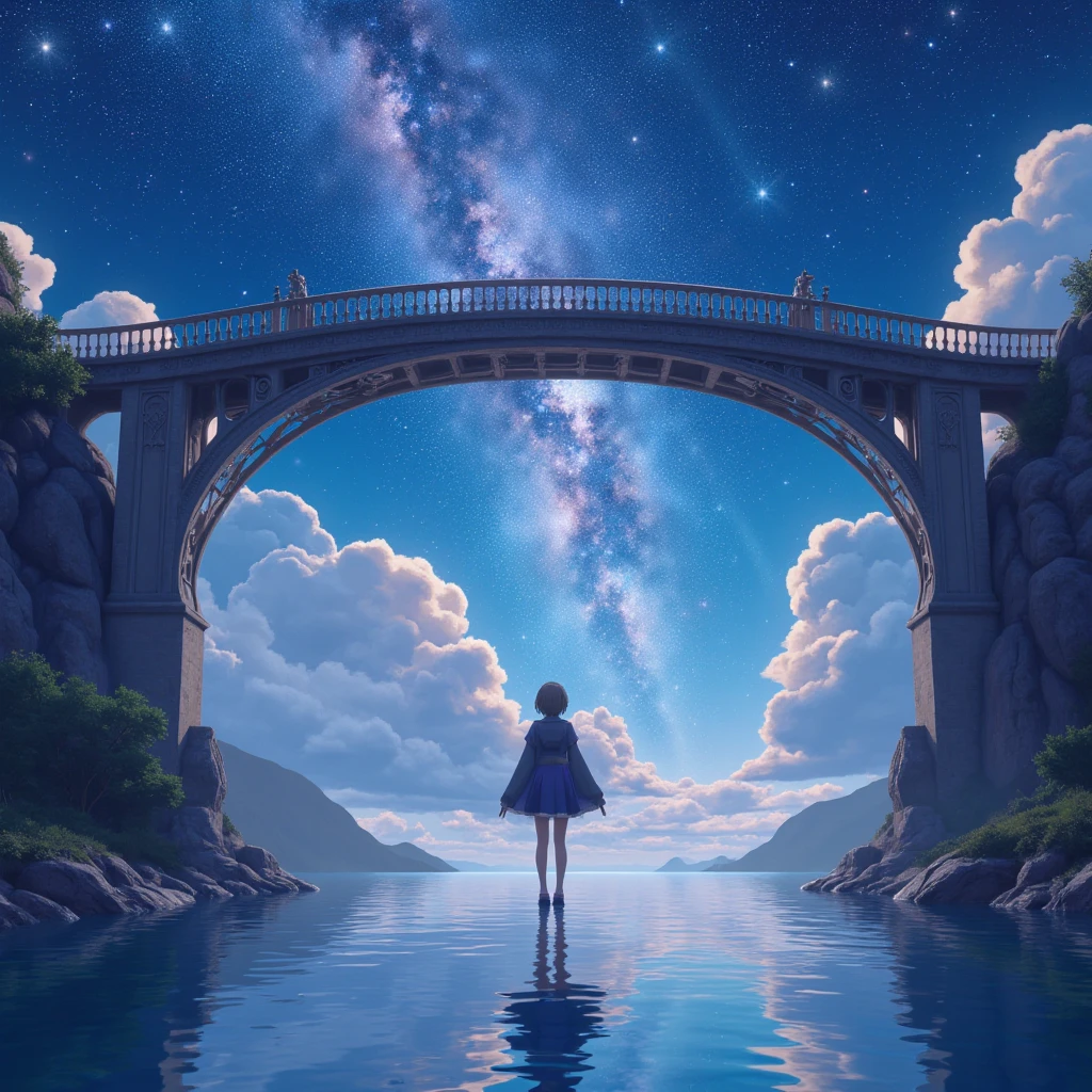 bridge, galaxy in sky, anime, beautiful landscape, sunset, ethereal.

full body, Professional, perfect composition, ultra-detailed, intricate details