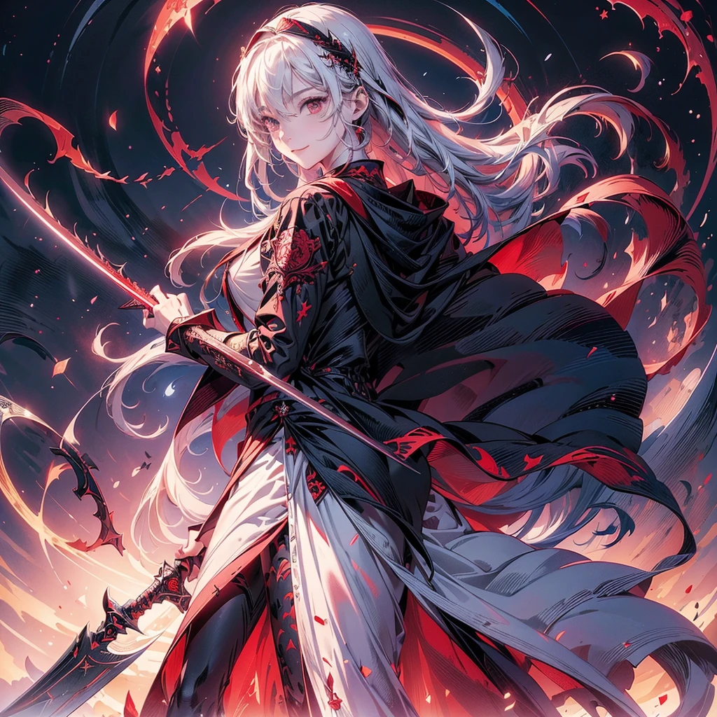 One girl,(((Perfect Anatomy、Best dynamic composition、Super detailed、Best Quality、masterpiece、Official Art、Presence)))、Anime Art、Black Sailor Suit、red and black sword、A sword that has turned red from absorbing blood、Two-handed sword、A sheath attached diagonally to the back、Vampire Hunter、Black rose frame、、Milky white straight long hair、Swing the sword down、Red and black background、Calm and collected, Still smiling、baby face、The moment he slashed the sword、Posed facing the viewer、（Complex Eyes、Sparkling eyes）,Superb detail、