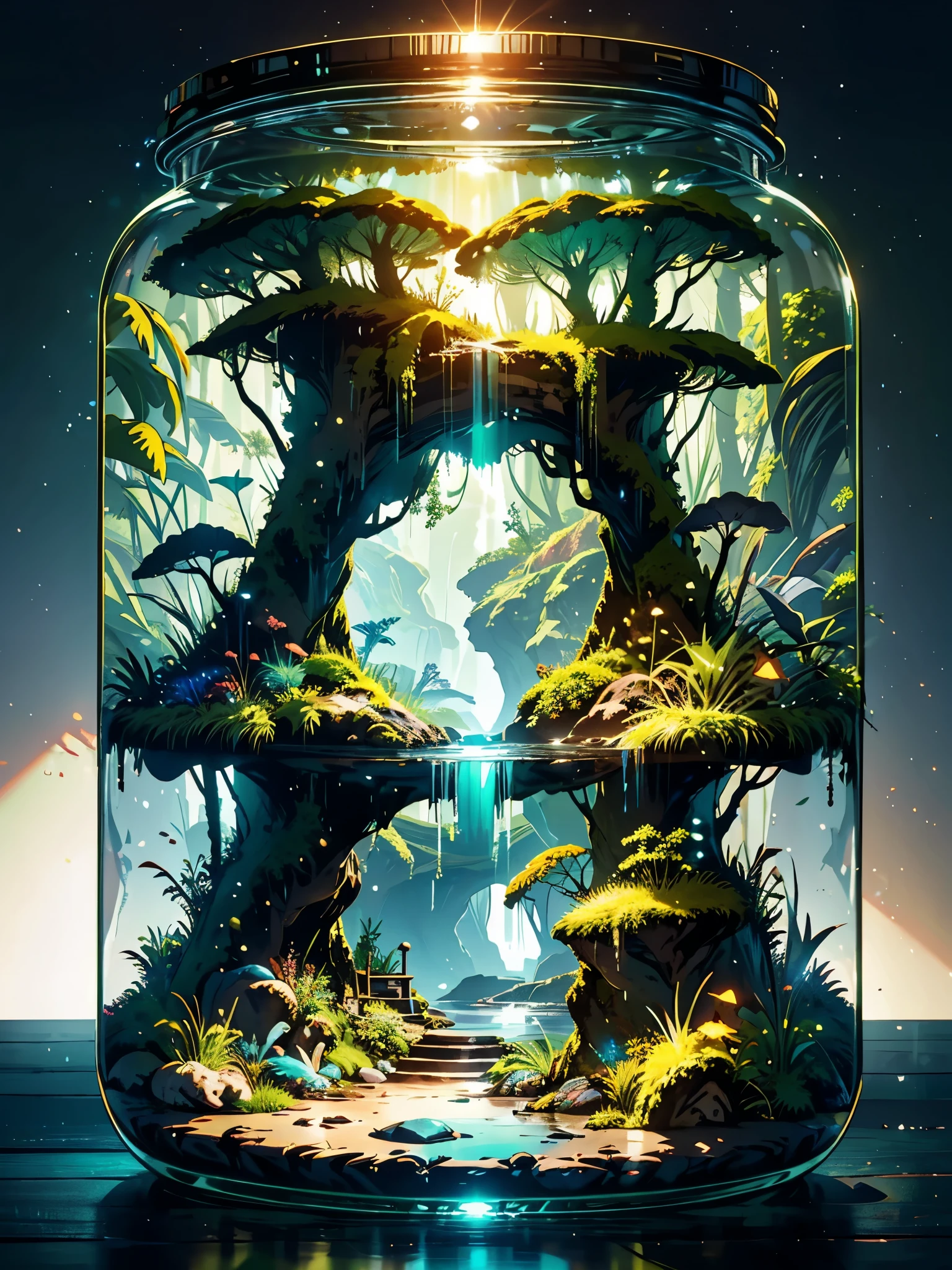 in the bottle, harsh light, heavy contrast, a cave with open ceiling casting sun beams on a green mosses and ferns,  and a open( view on ocean:1.1) at the bottom, cell shading render, 4k,  360 degree, equirectangular, qxj, 