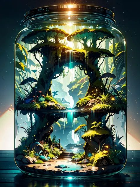 in the bottle, harsh light, heavy contrast, a cave with open ceiling casting sun beams on a green mosses and ferns,  and a open(...