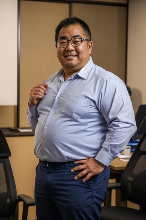 A slightly chubby Japanese man is 30 years old., A Japanese man wearing a white business shirt is standing, Grey Pants, Medium length nerdy hair, Natural nerd hair, He is looking at the audience, Round face:2, Thick thighs, Mouth details, At the office at night, Coffee Break, Super detailed, Anatomically correct, This photo was taken with a medium telephoto lens, Dark warehouse at night, Grin, She wears a silver ring on her left ring finger., He has his mouth slightly open, Orgasm Facial, Erotic Humiliation, Glasses, 