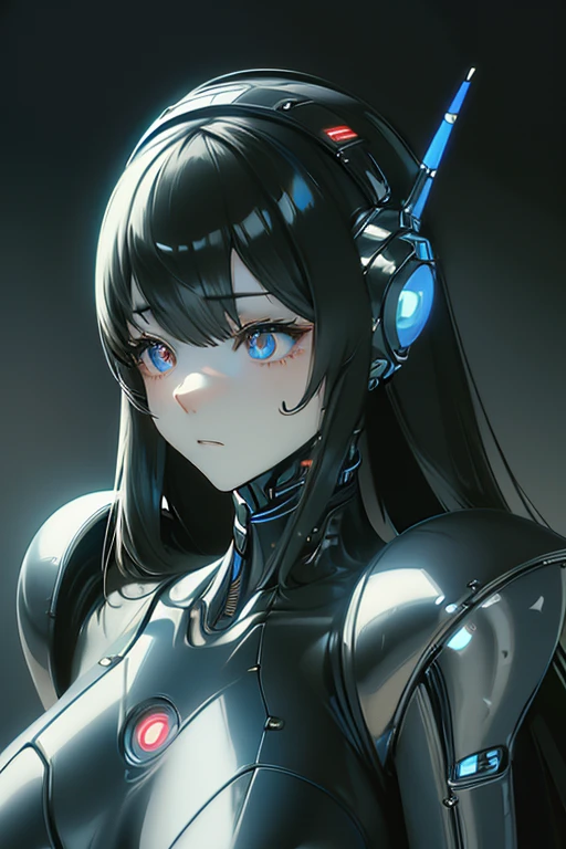 (masterpiece),(Best quality),(Very detailed),(Best illustration),(The best shadow),(It's absurd),(Detailed background),(So beautiful), 16k, 8k, 4K,(The best shadow),Robotization,female ,big breasts,Robot Joint ,Metal skin,Black robot suit,Long hair,Black suit covering the entire body Robot hand,Cyber Bodysuit,Mecha Head,Robotization, Transform into a robot,(Hands and fingers are depicted in detail:1.2),Perfect anatomy,Cybernetic Girl,Sci-Fi Armor,cyborg girl,The wires are connected to the back of the main unit...,No exposed skin,(A face carved like a robot),A neck made of wire,USB port next to the neck,visor,chrome skin,no messy picture style,brainwashing,empty eyes, ((No expression,erasure of emotions)),glowing eyes