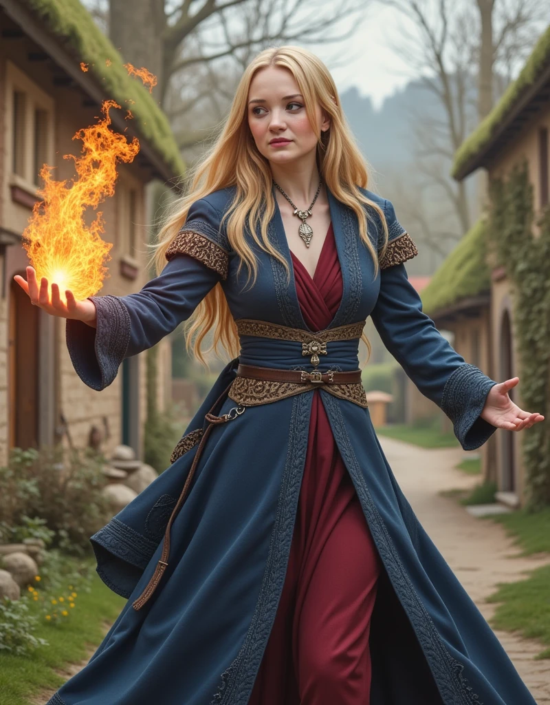 a beautiful sorceress with long blond hair dressed in a magical blue and grey and red robe casts a fireball in a dynamic battle pose against the background of a picturesque hobbit village, concentration, cold atmosphere, a bizarre mix of colors