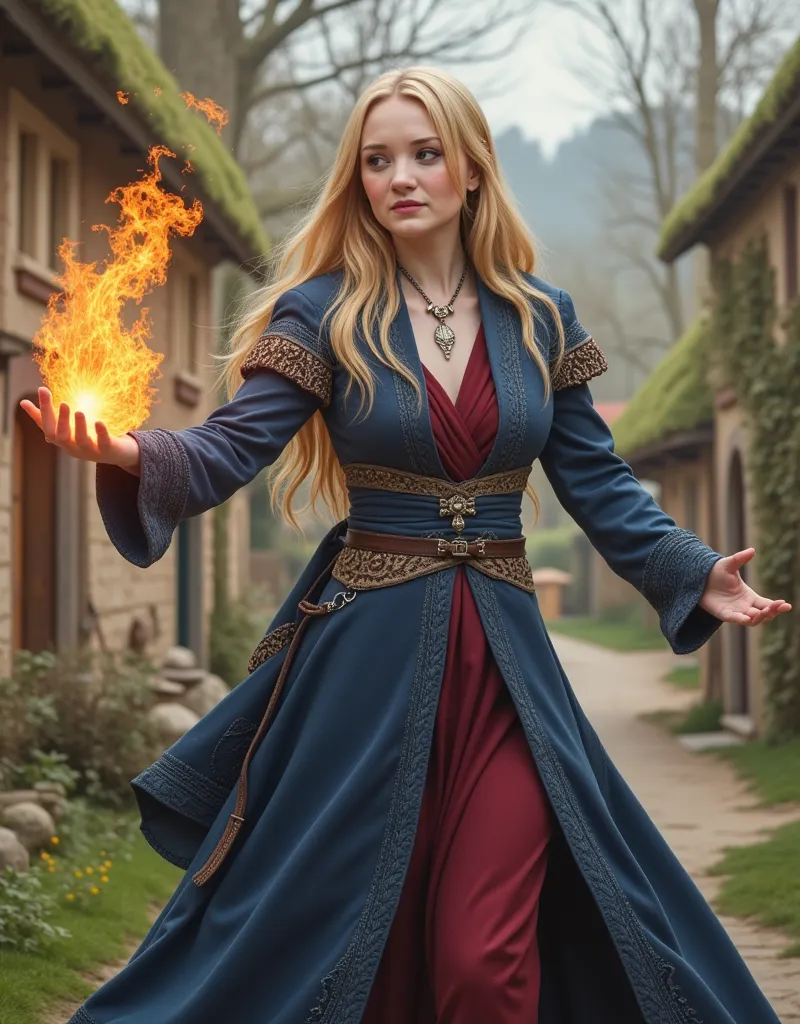 a beautiful sorceress with long blond hair dressed in a magical blue and grey and red robe casts a fireball in a dynamic battle ...