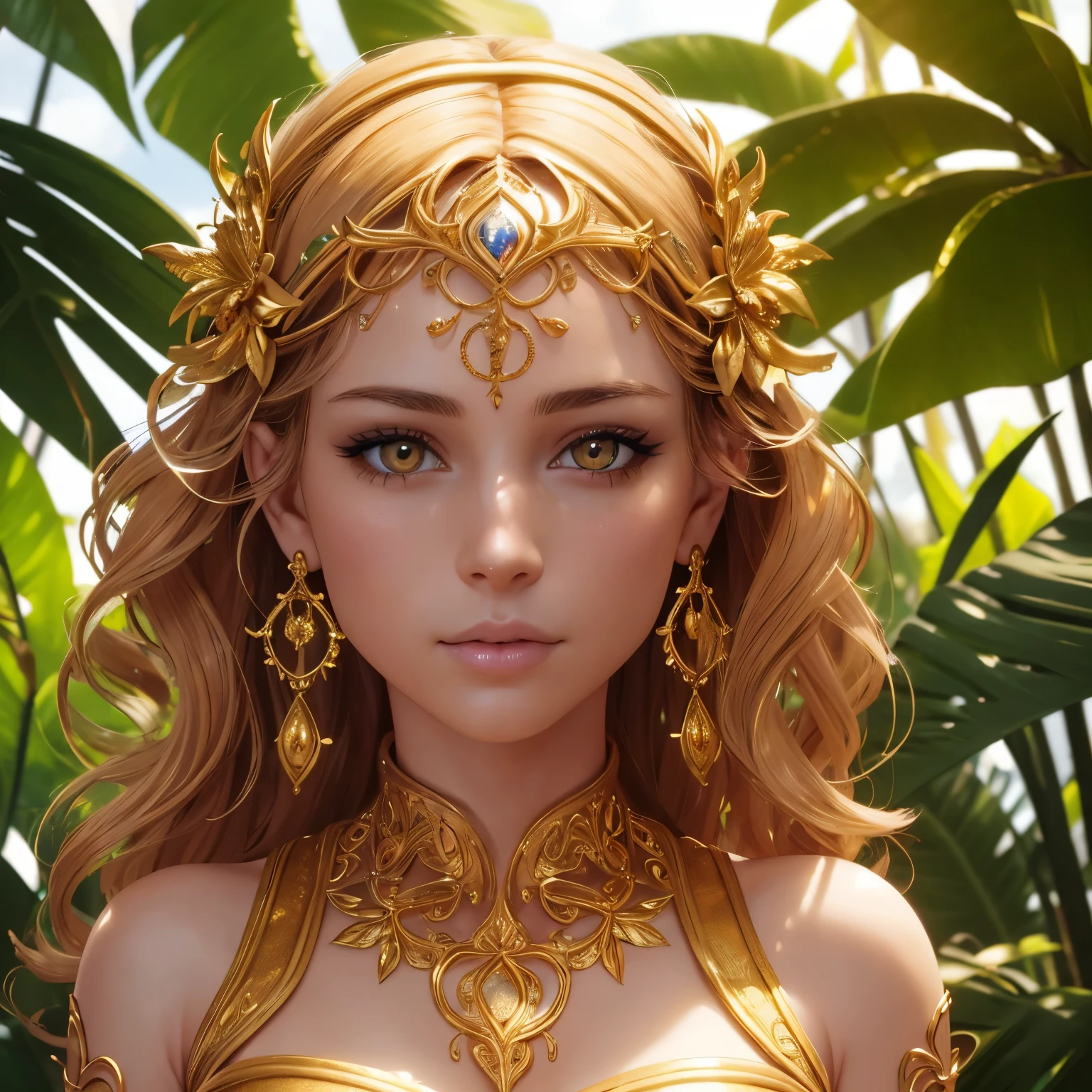 a beautiful girl in a golden thong, detailed face and eyes, long eyelashes, detailed lips, photorealistic, cinematic lighting, 8k, highres, masterpiece, ultra-detailed, realistic, vivid colors, intricate details, porcelain skin, wavy hair, detailed jewelry, glowing golden fabric, dynamic pose, lush tropical foliage background, sunlit atmosphere, warm color palette