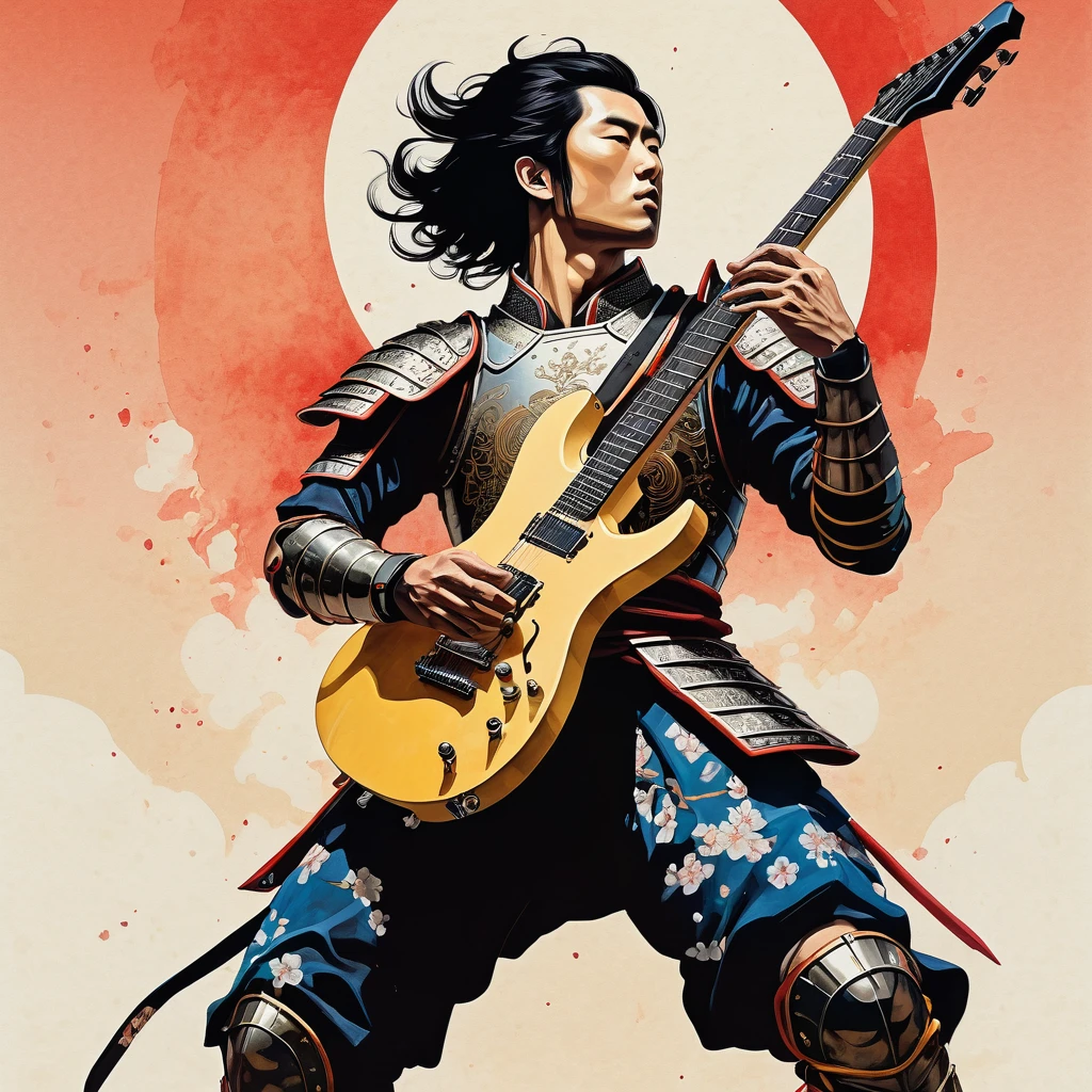 (((Ink Painting))), ((Standing in armor)), (((From below))), (((Warrior))),(((Electric guitar))), Japan人のWarrior, Black Hair, Delicate and precise, Modern Ukiyo-e Style,Japan, Vibrant colors、male、Warrior