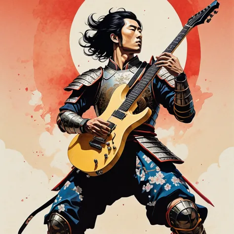 (((ink painting))), ((standing in armor)), (((from below))), (((warrior))),(((electric guitar))), japan人のwarrior, black hair, de...