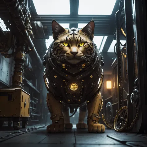 a yellow mechanical cat, highly detailed, intricate gears and mechanisms, peering through a window, industrial cyberpunk style, ...