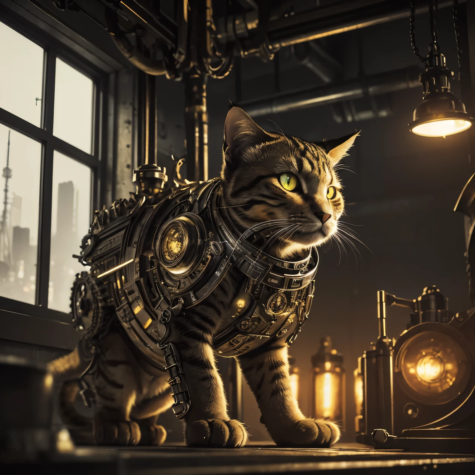 a yellow mechanical cat, highly detailed, intricate gears and mechanisms, peering through a window, industrial cyberpunk style, dramatic lighting, moody atmosphere, (best quality,4k,8k,highres,masterpiece:1.2),ultra-detailed,(realistic,photorealistic,photo-realistic:1.37),cinematic composition,dramatic lighting,glowing neon accents,complex machinery,advanced technology,mechanical prowess,captivating feline expression,gleaming chrome and brass details,industrial environment,gritty urban setting
