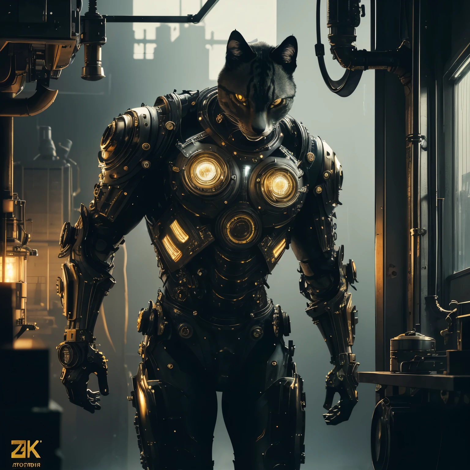 a yellow mechanical cat, highly detailed, intricate gears and mechanisms, peering through a window, industrial cyberpunk style, dramatic lighting, moody atmosphere, (best quality,4k,8k,highres,masterpiece:1.2),ultra-detailed,(realistic,photorealistic,photo-realistic:1.37),cinematic composition,dramatic lighting,glowing neon accents,complex machinery,advanced technology,mechanical prowess,captivating feline expression,gleaming chrome and brass details,industrial environment,gritty urban setting
