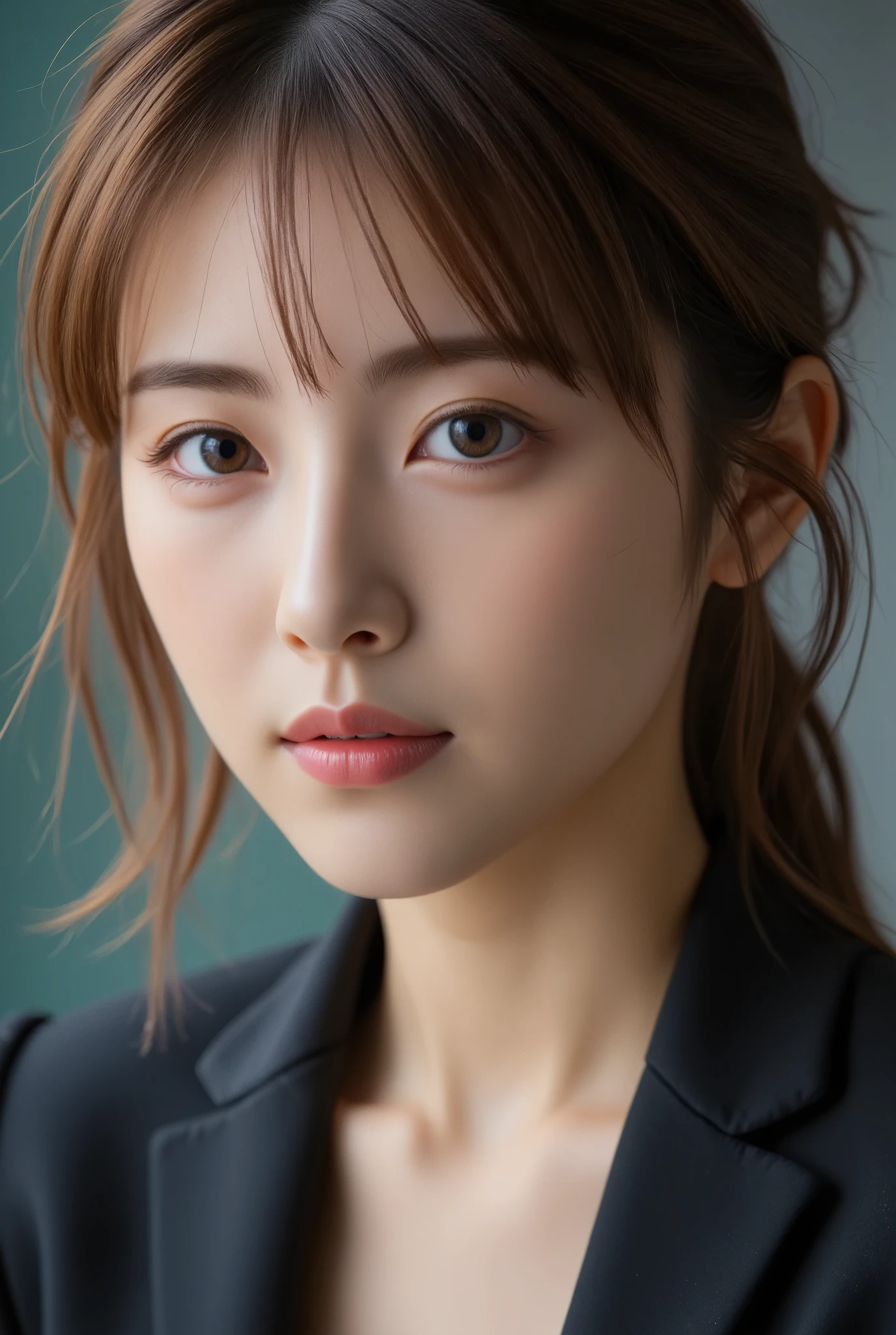 on the table, best quality, actual, super detailed, finely, high resolution, 8k wallpaper, 1 beautiful woman,, light brown messy hair, wearing a suit, sharp focus, Perfect dynamic composition, finely beautiful eyes,thinning hair, Detailed and actual skin texture, Smile, closeup portrait, model figure