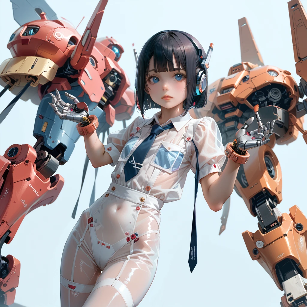 Girl, handstand, (cyborg mecha girl)++, see-through, (stylish angle)++++, (tie)+, (industrial design headphones) )+, (cute loli)++, (low bob hair)+, (Viewer's perspective) +++, (1 Android cyborg android small-breasted loli) ++, (super detail), (dark blue eyes),