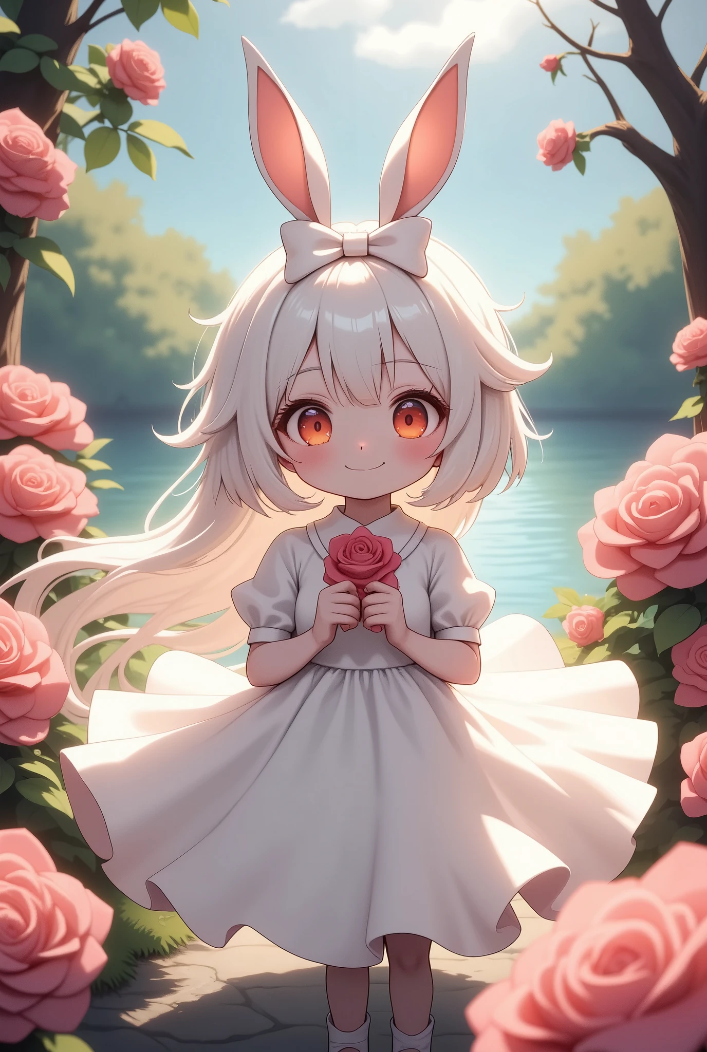 solo,1girl\(chibi,cute,kawaii,small kid,white hair,long hair,bangs,ear\(fluffy,white,rabbit-ear\),red eye,big eye,beautiful shiny eye,skin color white,big hairbow,white frilled dress,breast,cute pose,full body\),background\(some roses,by the beautiful lake,beautiful sunny day\),dynamic camera work,landscape