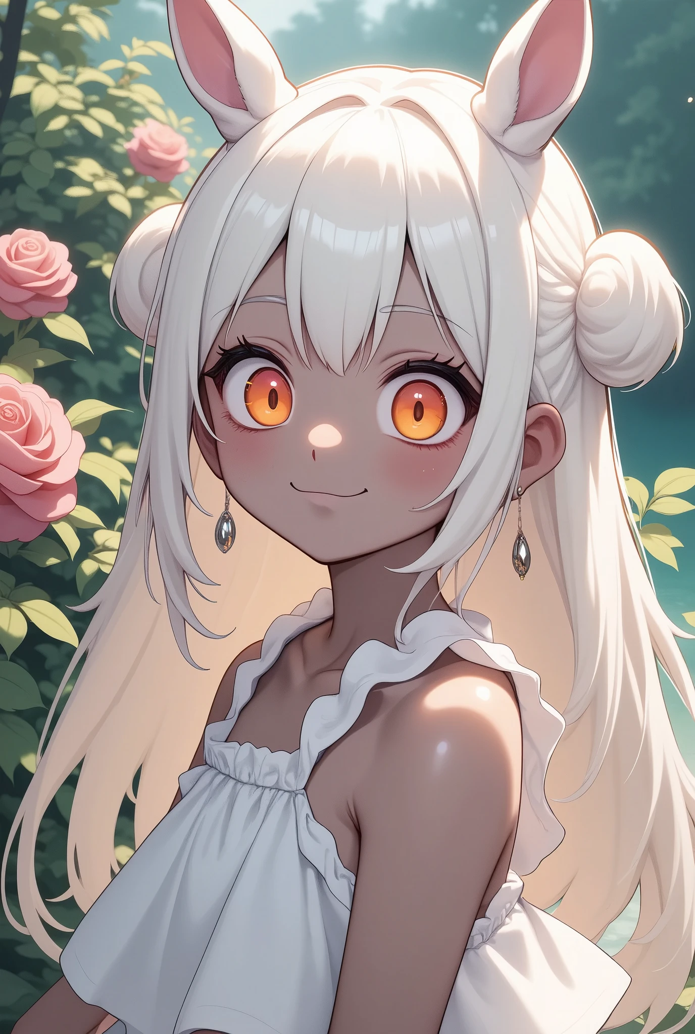 solo,1girl\(chibi,cute,kawaii,small kid,white hair,long hair,bangs,ear\(fluffy,white,rabbit-ear\),red eye,big eye,beautiful shiny eye,skin color white,big hairbow,white frilled dress,breast,cute pose\),background\(some roses,by the beautiful lake,beautiful sunny day\),close-up shot of the girl,dynamic camera work