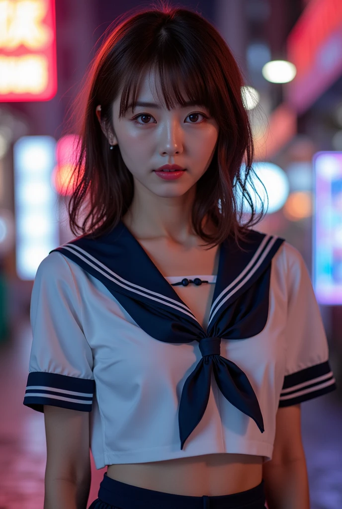 Perfect composition, Proper placement, extreme close up, Beautiful Japanese Women, glowing skin, (Sweating:1.8), Brown Hair, Medium Hair, brown eyes:1.21, Clear Eyes, Perfect Anatomy, Small Head, Classic sailor uniforms from prestigious Tokyo Metropolitan High Schools, White Uniform, Short-sleeved sailor uniform:1.21, sera fuku:1.21, I can see your belly, Navy blue pleated mini skirt, Neon city at night, sexy, orgasm, Ecstasy