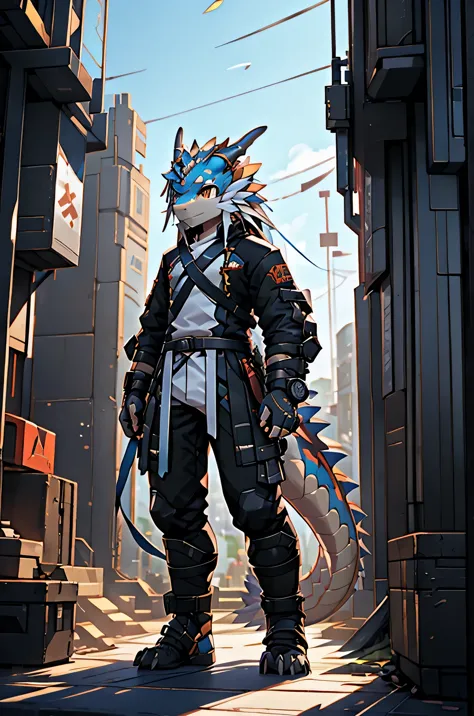 arknights、character、high quality、standing posture、detailed lines、humanoid dragon、womanのdragon、survival clothing、cyberpunk clothi...