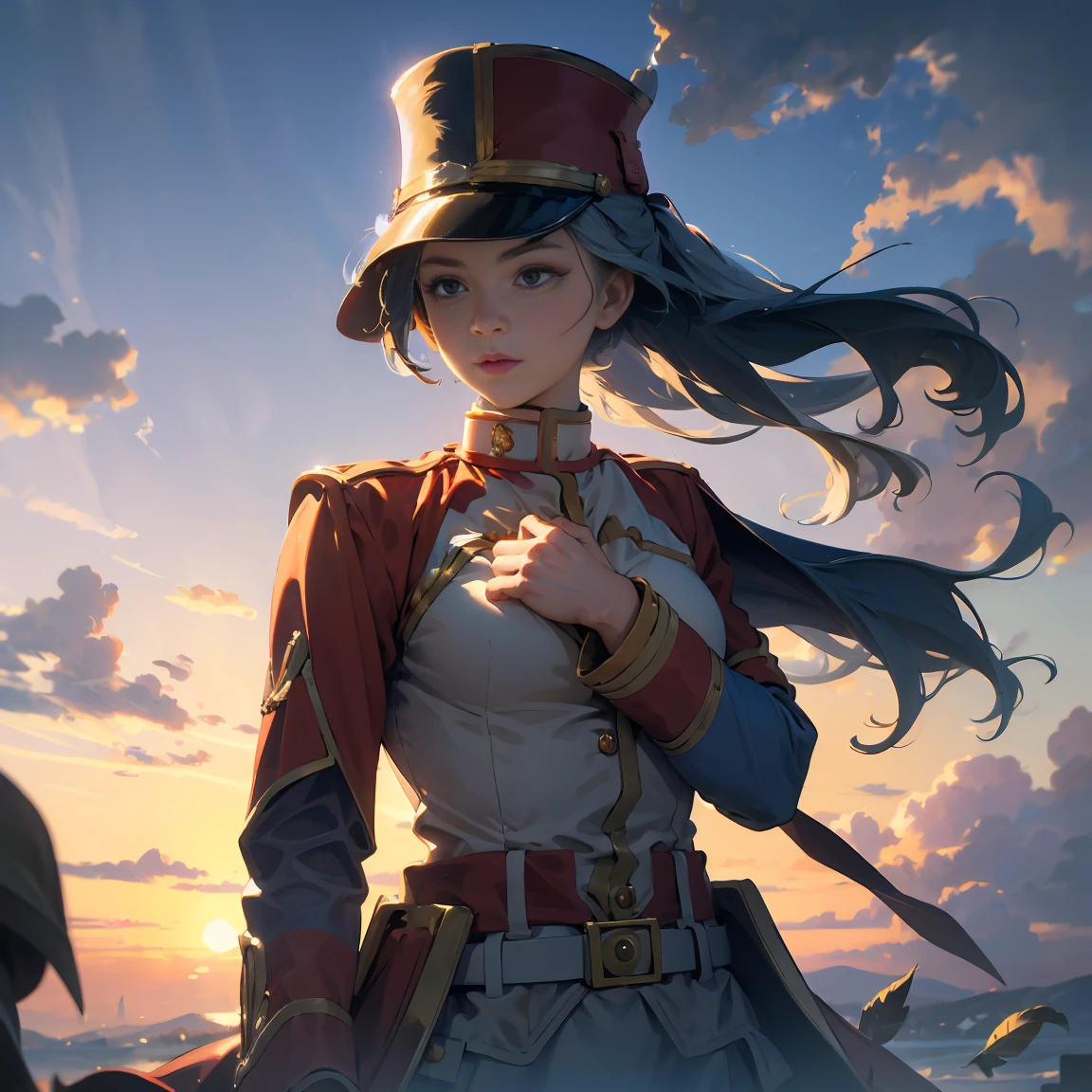 An elegant female soldier in the style of Napoleon Bonaparte. She was inspired by the French Empire、Dressed in elaborate 19th century military uniforms, Blue coat with gold embroidery, Feather on a bicorne hat, And the belt was around his chest. Her face is full of confidence、Dignified, Stand Proud、One hand on the hilt of the sword. A spectacular battlefield unfolds in the background、Dramatic clouds in the sky, Emphasizing her leadership and authority