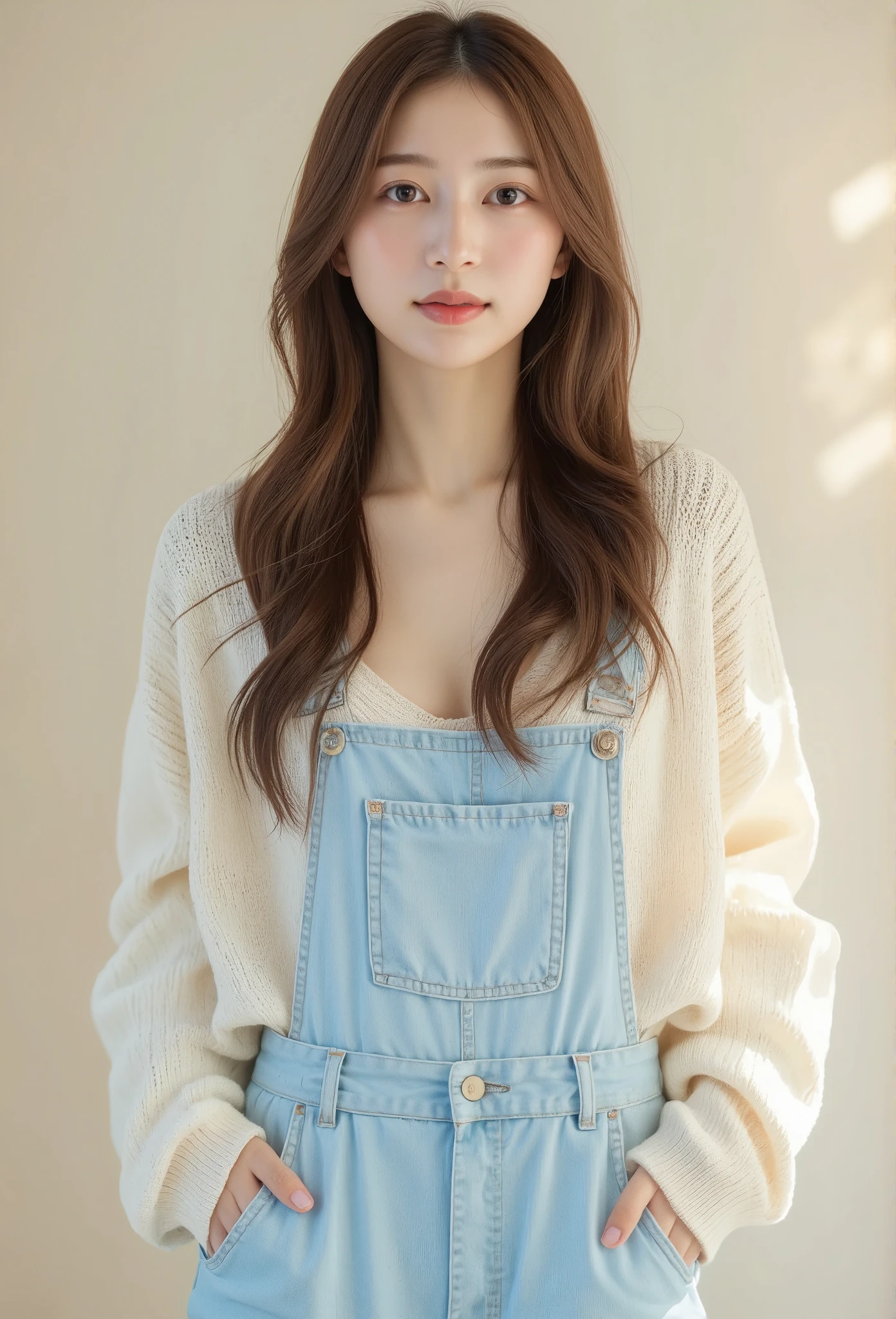 A photorealistic image of a young slender east-asian woman with long, wavy brown hair standing casually in light denim overalls over a cream-colored sweater with soft, neutral stripes. Her expression is gentle and calm, with a natural, soft blush on her cheeks, not overly red. The image has a soft, watercolor-like effect, with delicate pastel tones, creating a dreamy, ethereal atmosphere. Her pose is relaxed, with her hands in her overall pockets. The lighting is soft, with a gentle glow, enhancing the peaceful, whimsical mood, and the colors are natural and soothing.
