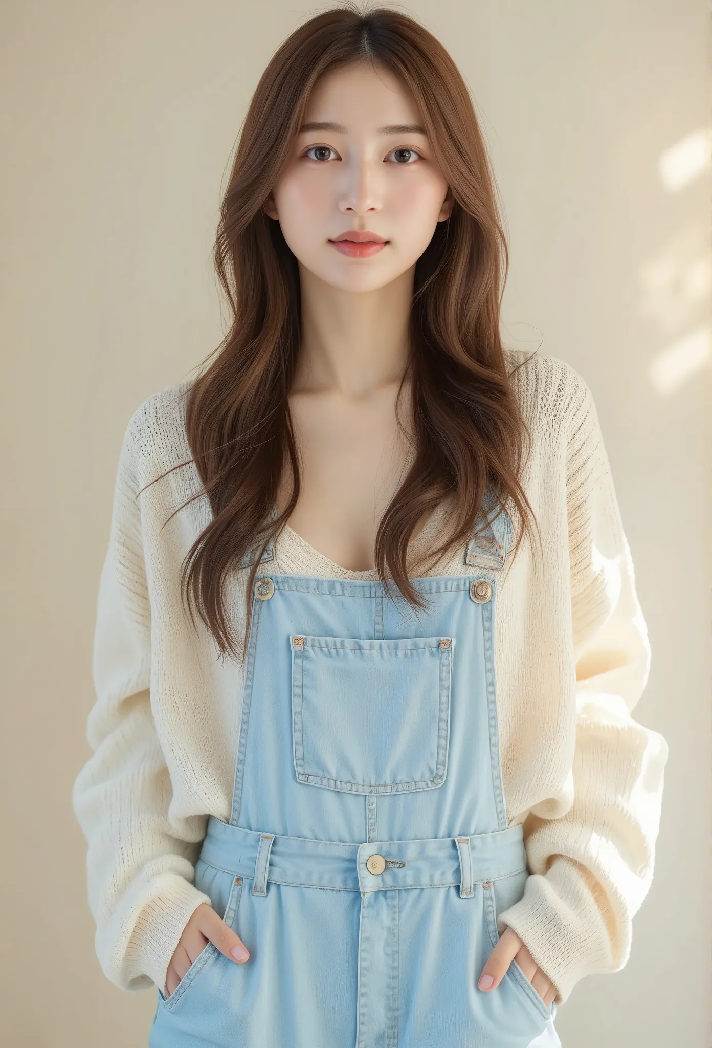 a photorealistic image of a young slender east-asian woman with long, wavy brown hair standing casually in light denim overalls ...