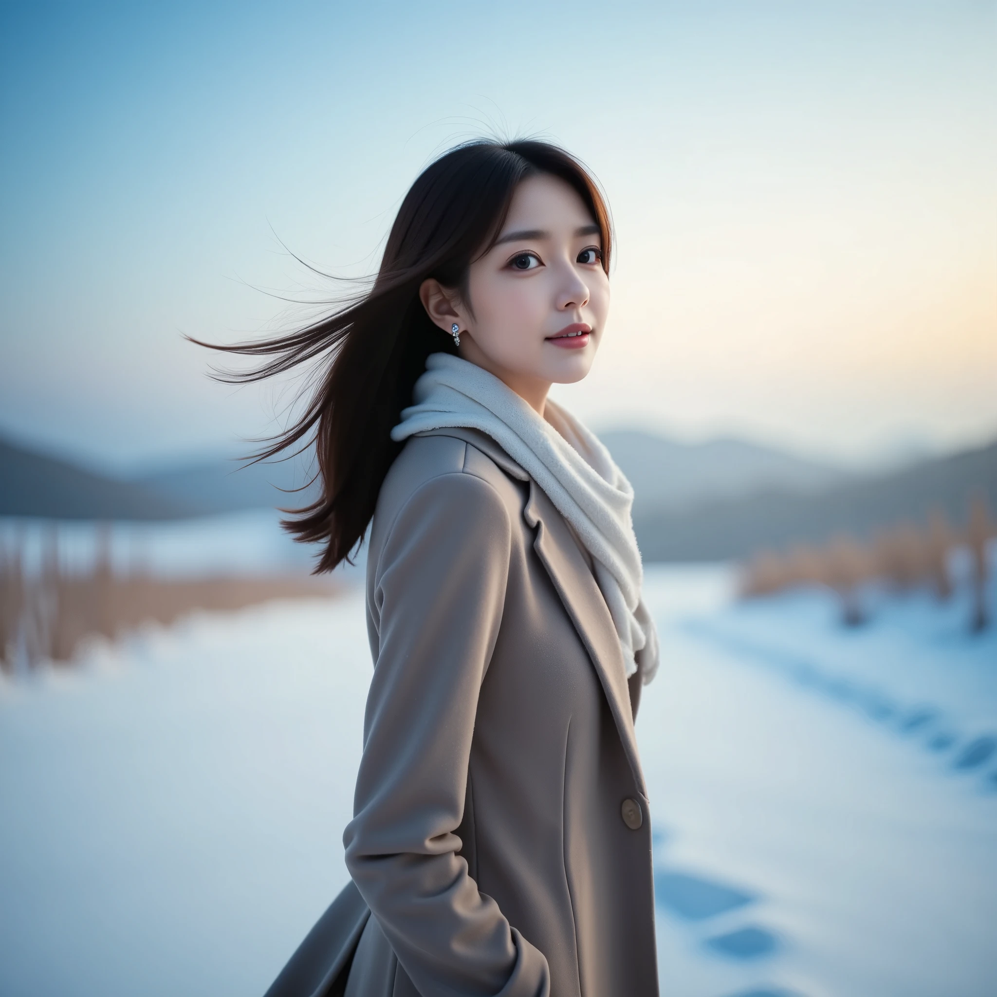 An Asian woman is standing in the snow at dawn. Soft blue sunlight gently casts upon her. She is wearing a long, elegant cloak and scarf, and outside it is still half dark. She is runnnig far and turnig back, smiling at the camera. her hair is flowing in the wind.
cool toned picture. 
