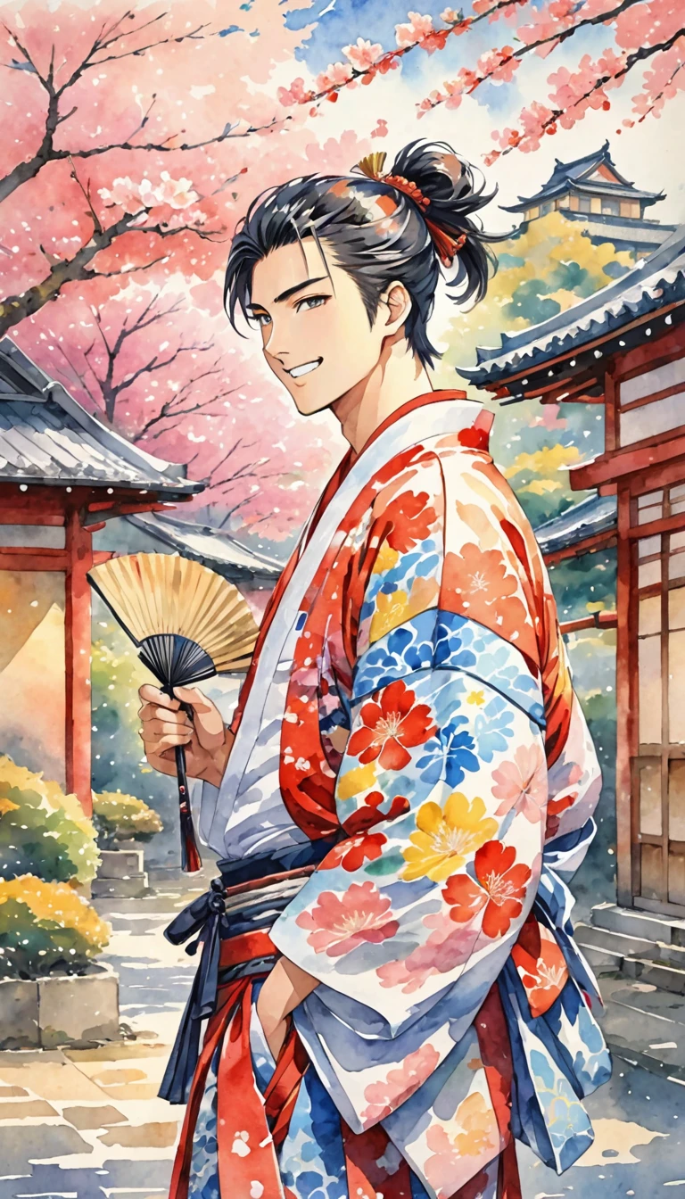 A young, energetic Japanese warlord from the Sengoku period, depicted in a watercolor anime style. He has a bright, confident smile, with slightly tousled black hair casually tied back in a loose topknot. His vibrant kimono features bold, modern patterns with traditional samurai elements, painted in soft, flowing colors that blend seamlessly in a watercolor effect. He stands with a relaxed yet assertive posture, one hand on his hip and the other casually holding a folding fan. The background is a softly blurred, lively castle courtyard, with samurai and attendants laughing and interacting, bathed in warm sunlight. Cherry blossom petals gently fall around him, adding to his charismatic and upbeat aura. The entire image should use a vivid yet soft color palette, capturing his charming, social personality in a watercolor anime style.