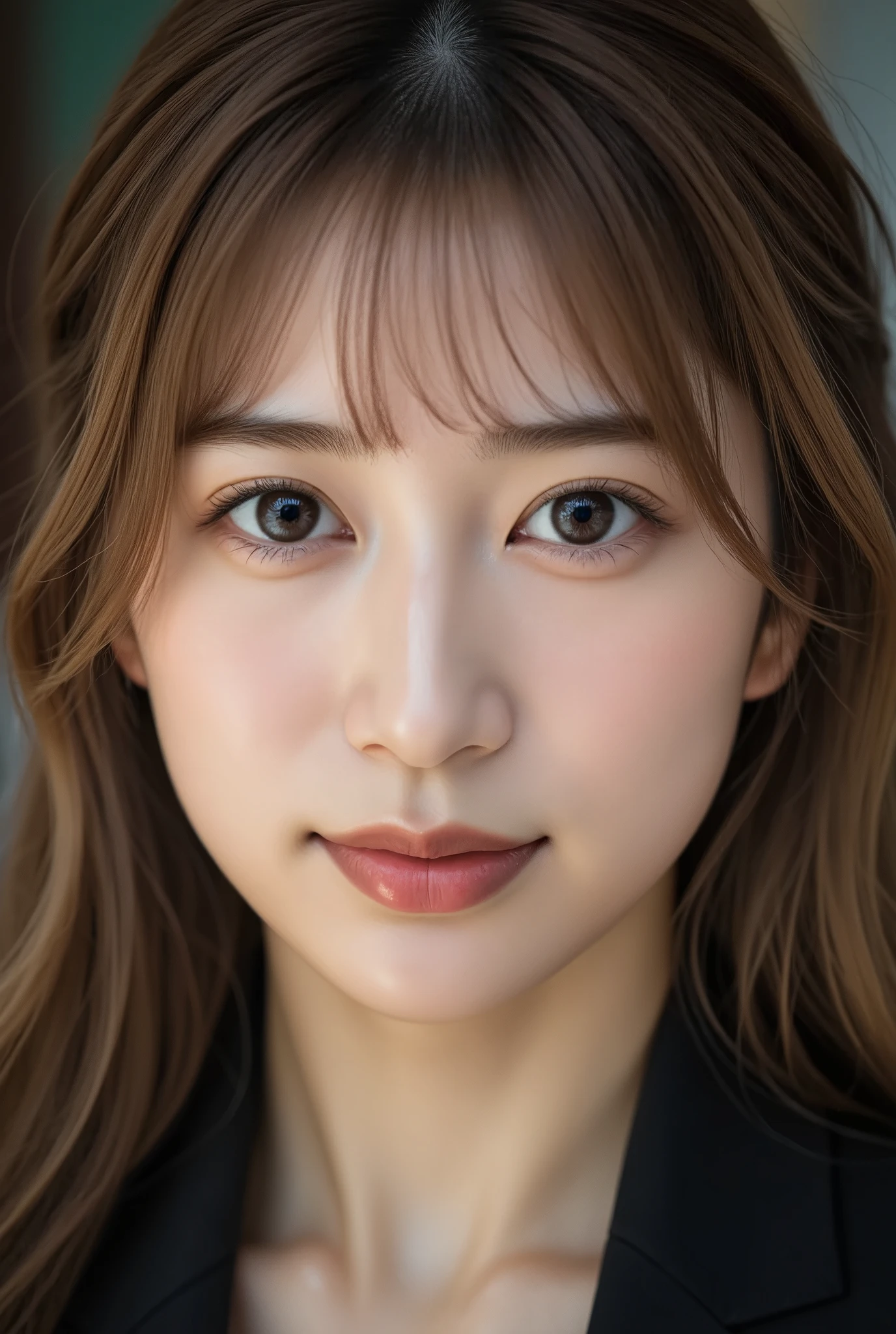 best quality, actual, super detailed, finely, high resolution, 8k wallpaper, 1 beautiful woman,, light brown messy hair, wearing a suit, sharp focus, Perfect dynamic composition, finely beautiful eyes,thinning hair, Detailed and actual skin texture, Smile, closeup portrait, model figure