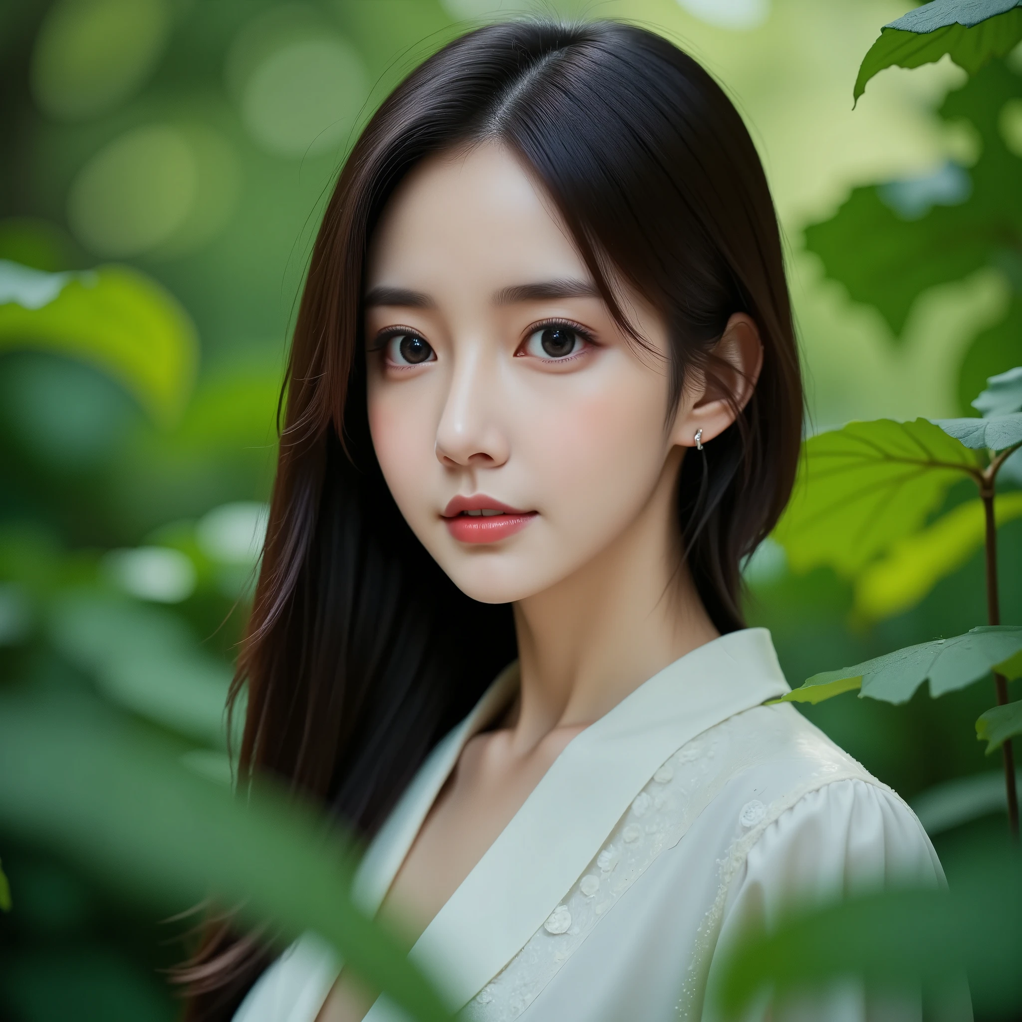 A digital art Photo of a young asian woman with long black hair, surrounded by lush green foliage, displaying a serene expression and wearing a simple white blouse.