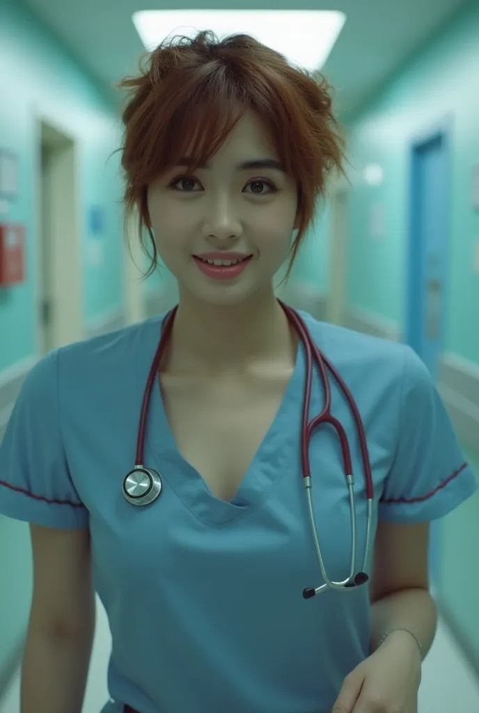 a cinematic masterpiece portrait of a stunning nurse, featuring a 1-girl focus. a beautiful, gloss reddish-brown shorthair-haire...