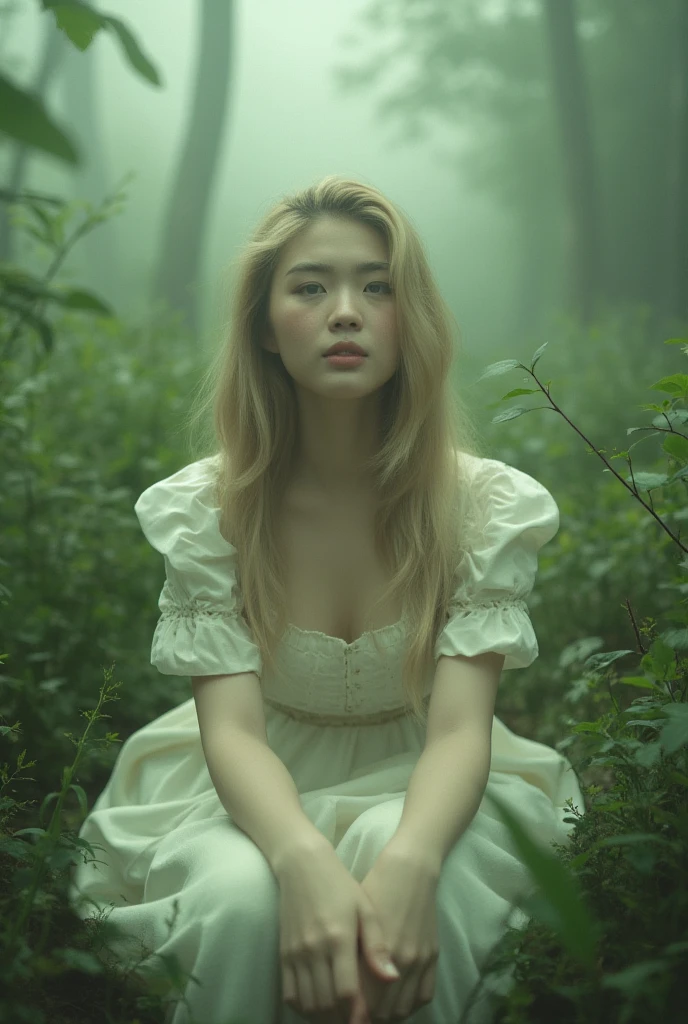 A tranquil landscape unfolds. A stately woman with lush blonde hair flowing down her back sits elegantly with her knees together in a mysterious forest, wearing a white flowing dress with puffed sleeves and a green random pattern print. A softly glowing mist obscures the surroundings. Her porcelain skin glows with a subtle blush, and freckles dance across her cheeks. Her charming smile radiates serenity and wonder. The composition is composed of delicate lines, perfectly blending into the misty atmosphere, all elements whispering serenity. Top quality, very detailed and delicate details description:1.2, ultra realistic photo.