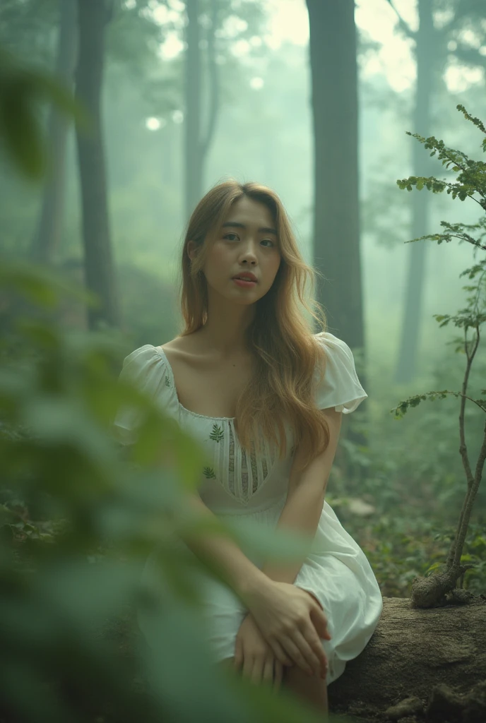 A tranquil landscape unfolds. A stately woman with lush blonde hair flowing down her back sits elegantly with her knees together in a mysterious forest, wearing a white flowing dress with puffed sleeves and a green random pattern print. A softly glowing mist obscures the surroundings. Her porcelain skin glows with a subtle blush, and freckles dance across her cheeks. Her charming smile radiates serenity and wonder. The composition is composed of delicate lines, perfectly blending into the misty atmosphere, all elements whispering serenity. Top quality, very detailed and delicate details description:1.2, ultra realistic photo.